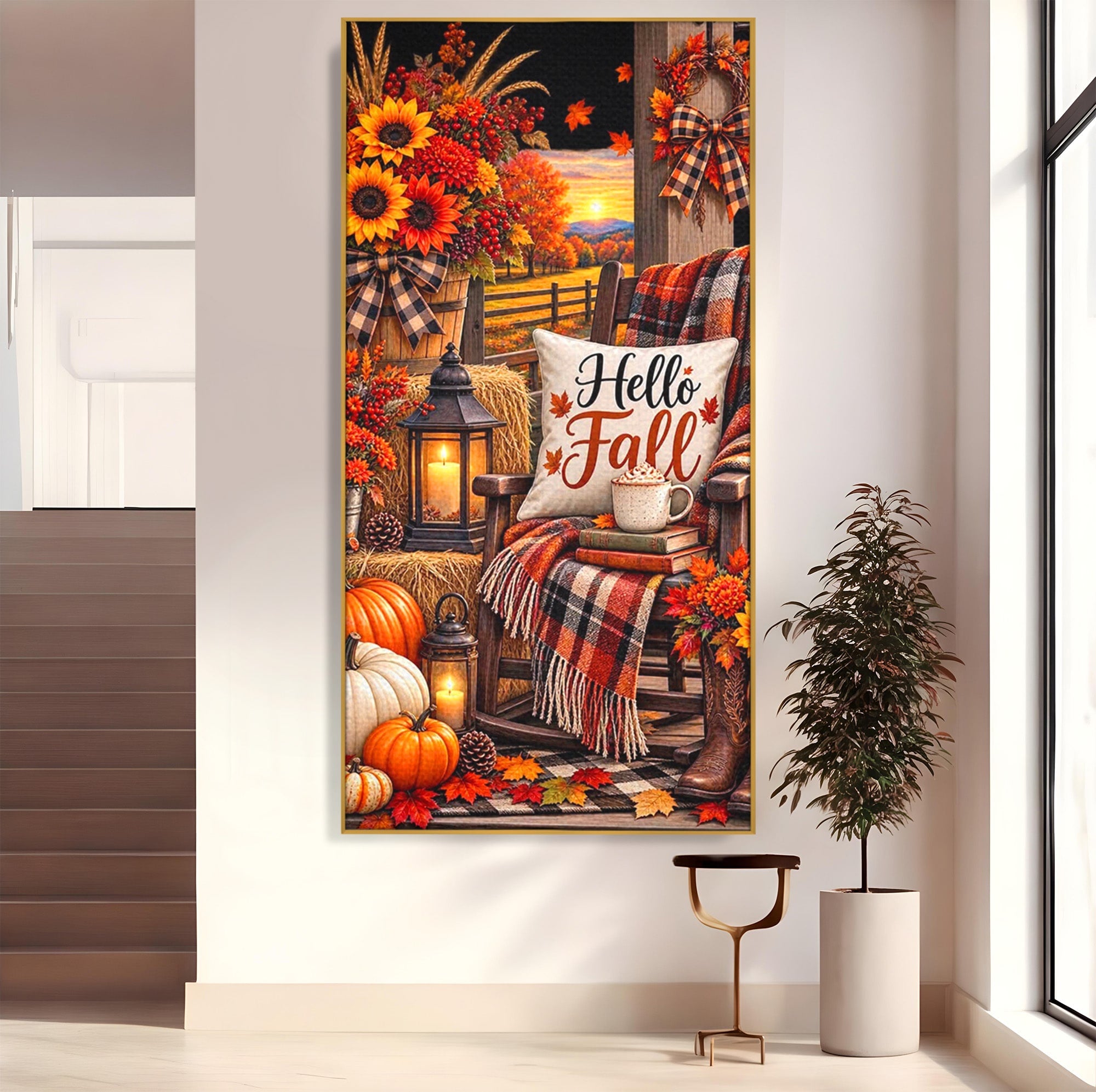 Tablou Canvas Premium LuxCanva® PI1072, Bine Ai Venit Toamna, Armonie, Decor Rustic, Lanterna, Living, Culori Calde, Culori Vibrante