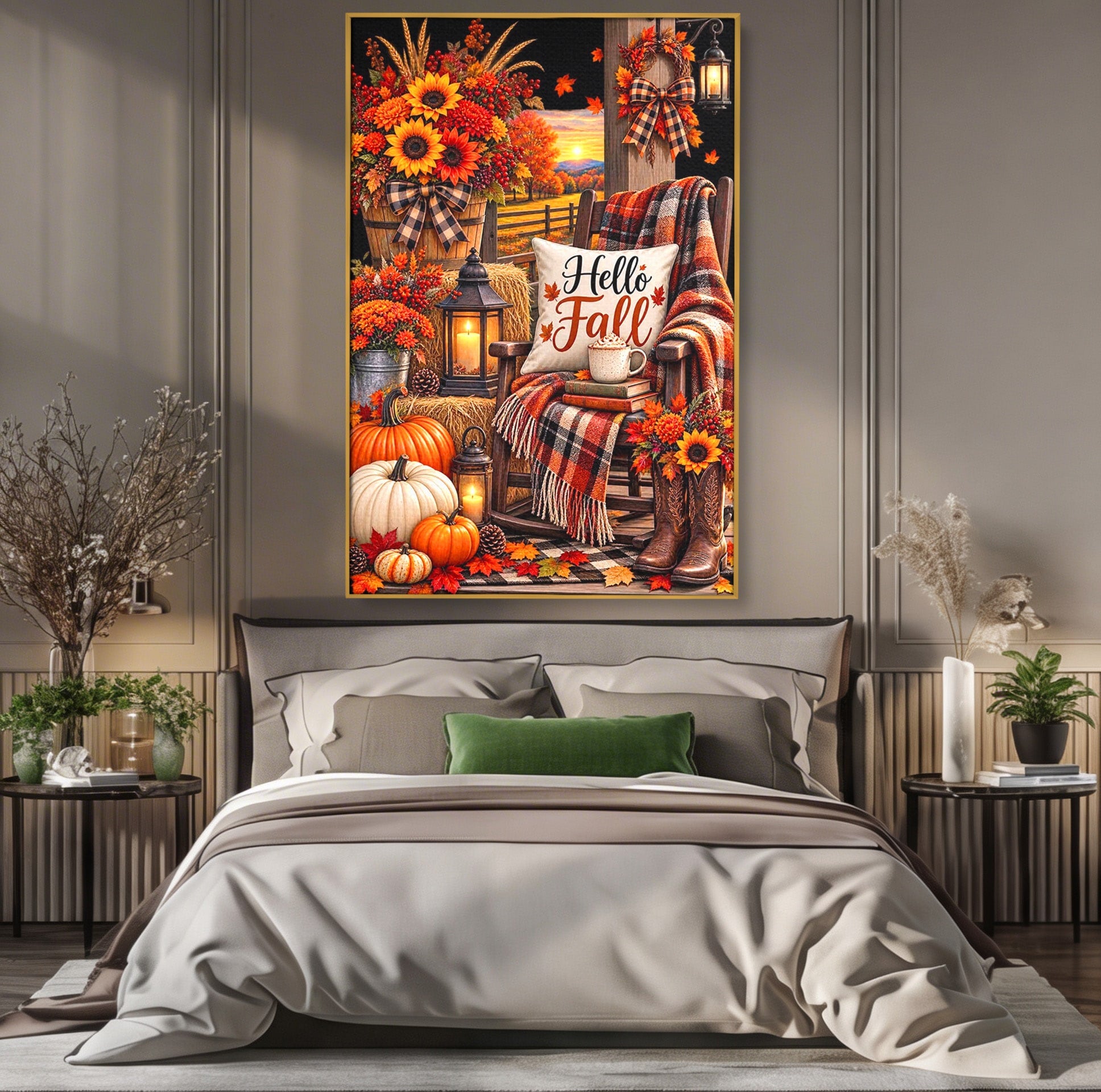 Tablou Canvas Premium LuxCanva® PI1072, Bine Ai Venit Toamna, Armonie, Decor Rustic, Lanterna, Living, Culori Calde, Culori Vibrante