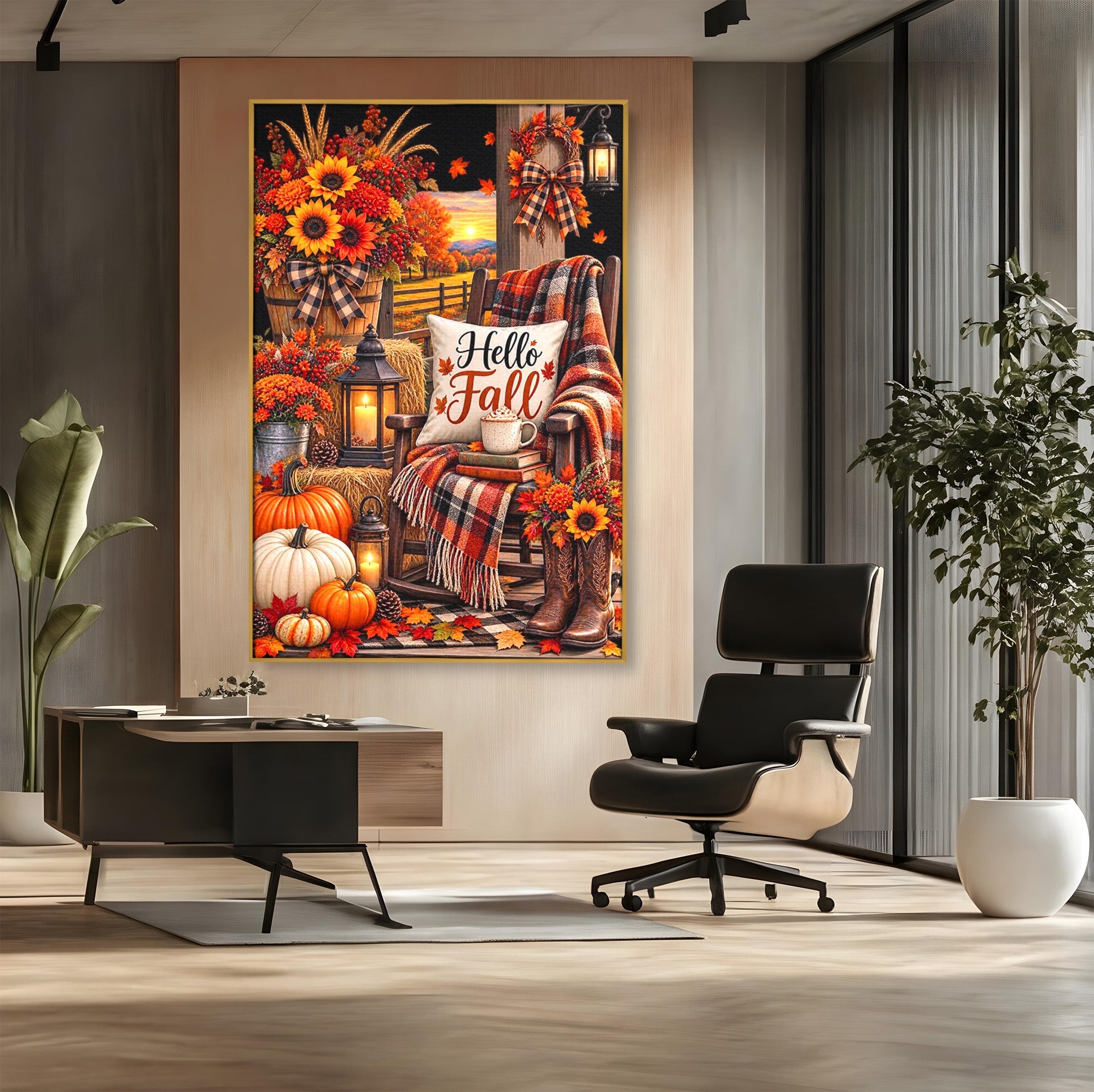 Tablou Canvas Premium LuxCanva® PI1072, Bine Ai Venit Toamna, Armonie, Decor Rustic, Lanterna, Living, Culori Calde, Culori Vibrante