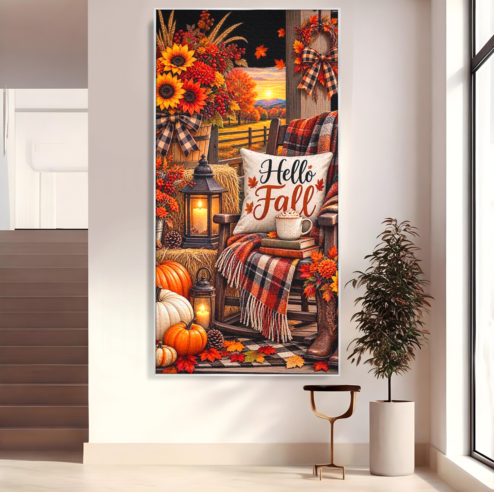 Tablou Canvas Premium LuxCanva® PI1072, Bine Ai Venit Toamna, Armonie, Decor Rustic, Lanterna, Living, Culori Calde, Culori Vibrante