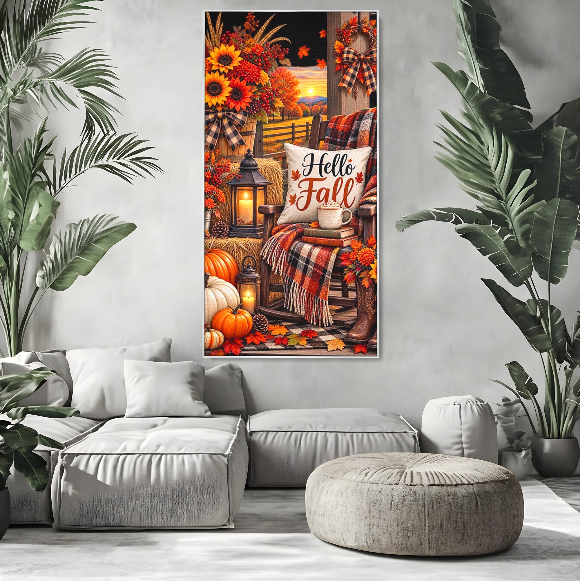 Tablou Canvas Premium LuxCanva® PI1072, Bine Ai Venit Toamna, Armonie, Decor Rustic, Lanterna, Living, Culori Calde, Culori Vibrante