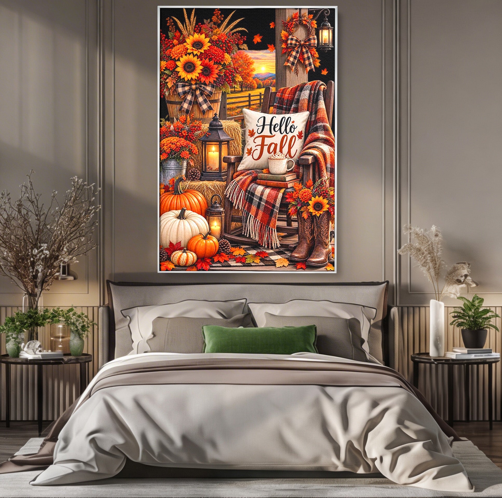 Tablou Canvas Premium LuxCanva® PI1072, Bine Ai Venit Toamna, Armonie, Decor Rustic, Lanterna, Living, Culori Calde, Culori Vibrante