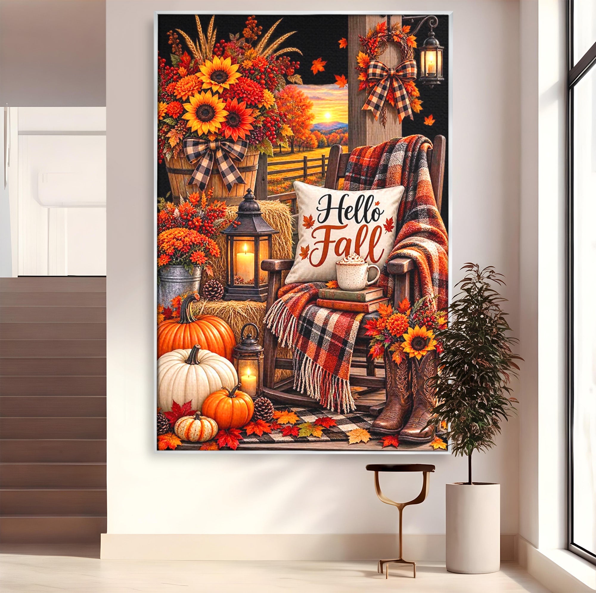 Tablou Canvas Premium LuxCanva® PI1072, Bine Ai Venit Toamna, Armonie, Decor Rustic, Lanterna, Living, Culori Calde, Culori Vibrante