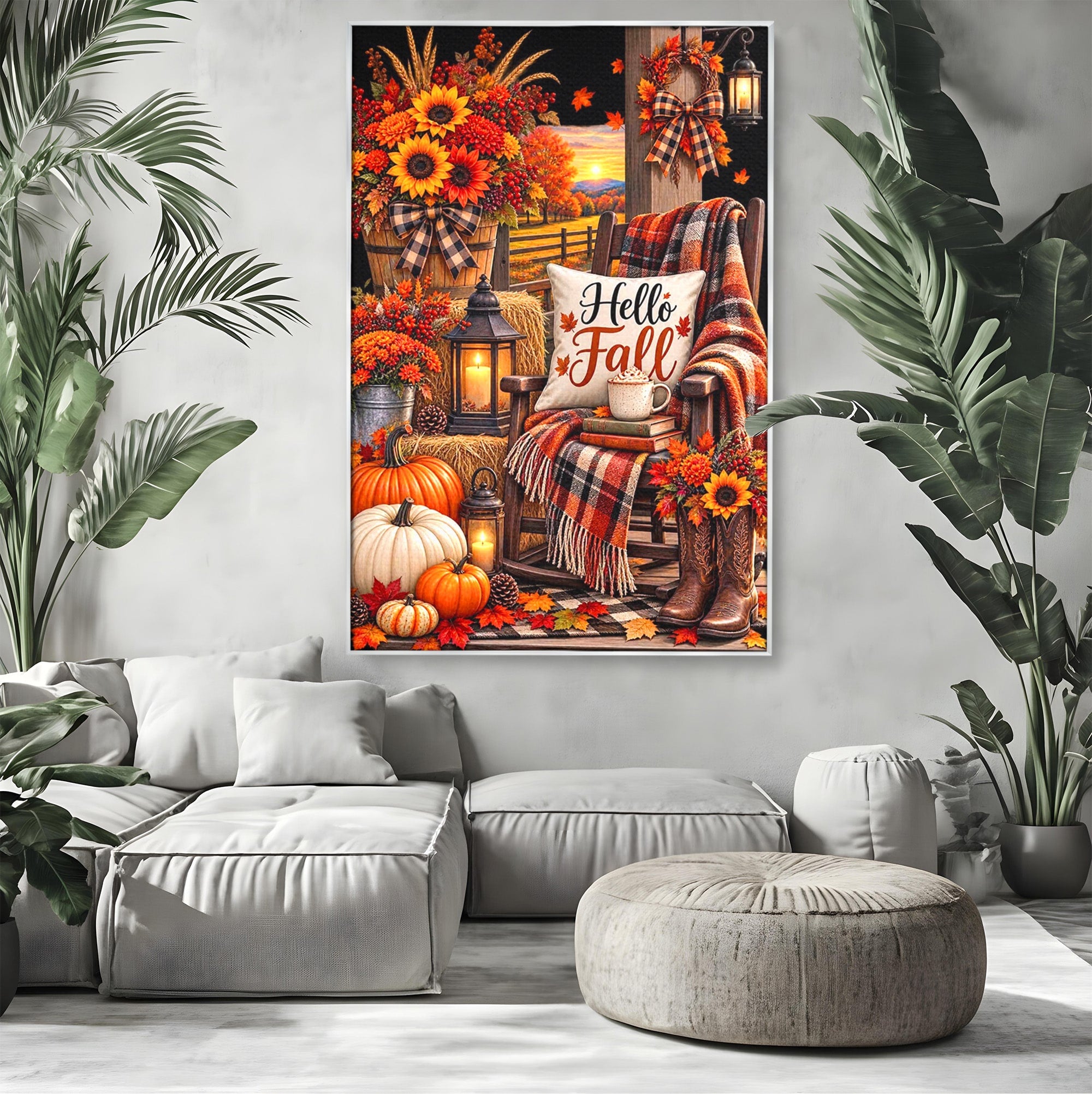 Tablou Canvas Premium LuxCanva® PI1072, Bine Ai Venit Toamna, Armonie, Decor Rustic, Lanterna, Living, Culori Calde, Culori Vibrante