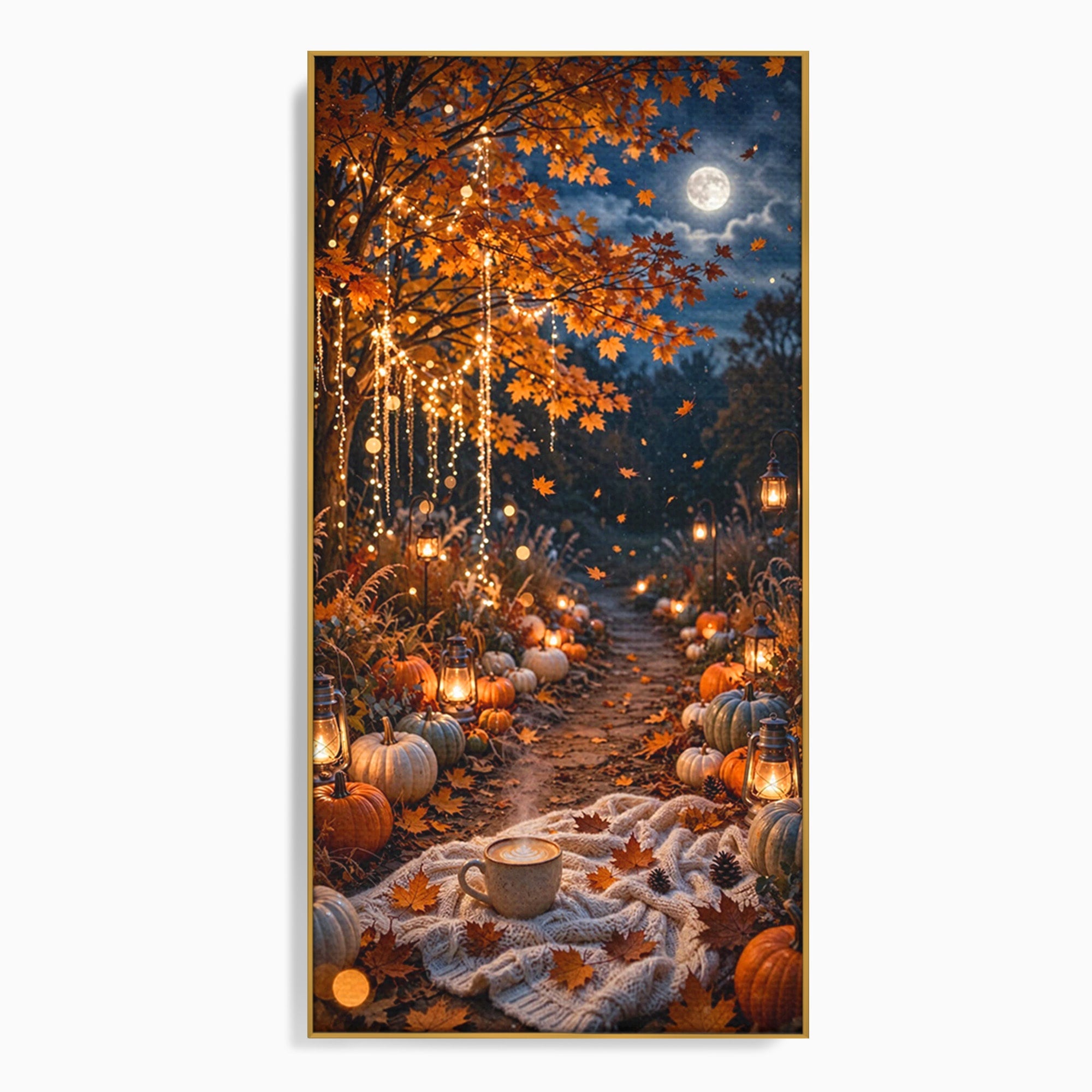 Tablou Canvas Premium LuxCanva® PI1073, Aleea De Toamna, Lumini, Lanterne, Luna, Living, Natura, Culori Vibrante