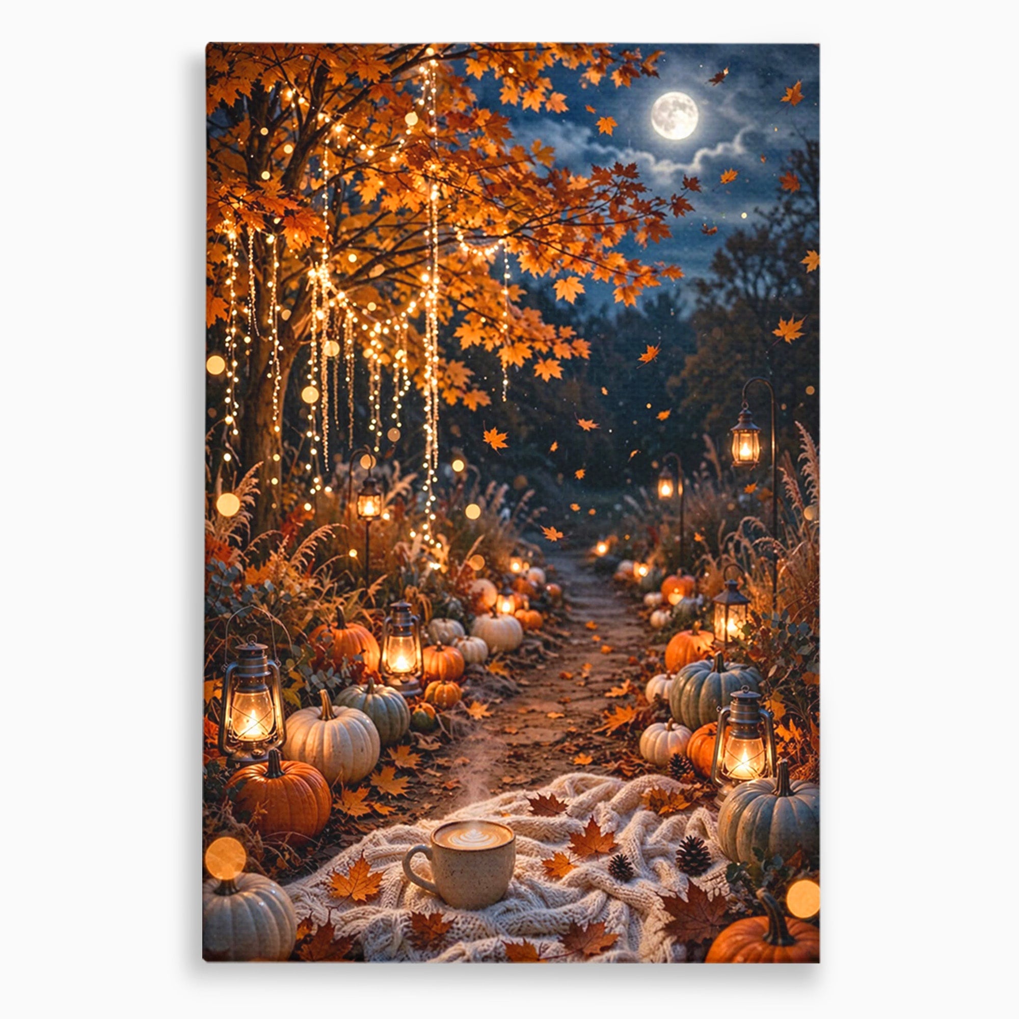 Tablou Canvas Premium LuxCanva® PI1073, Aleea De Toamna, Lumini, Lanterne, Luna, Living, Natura, Culori Vibrante