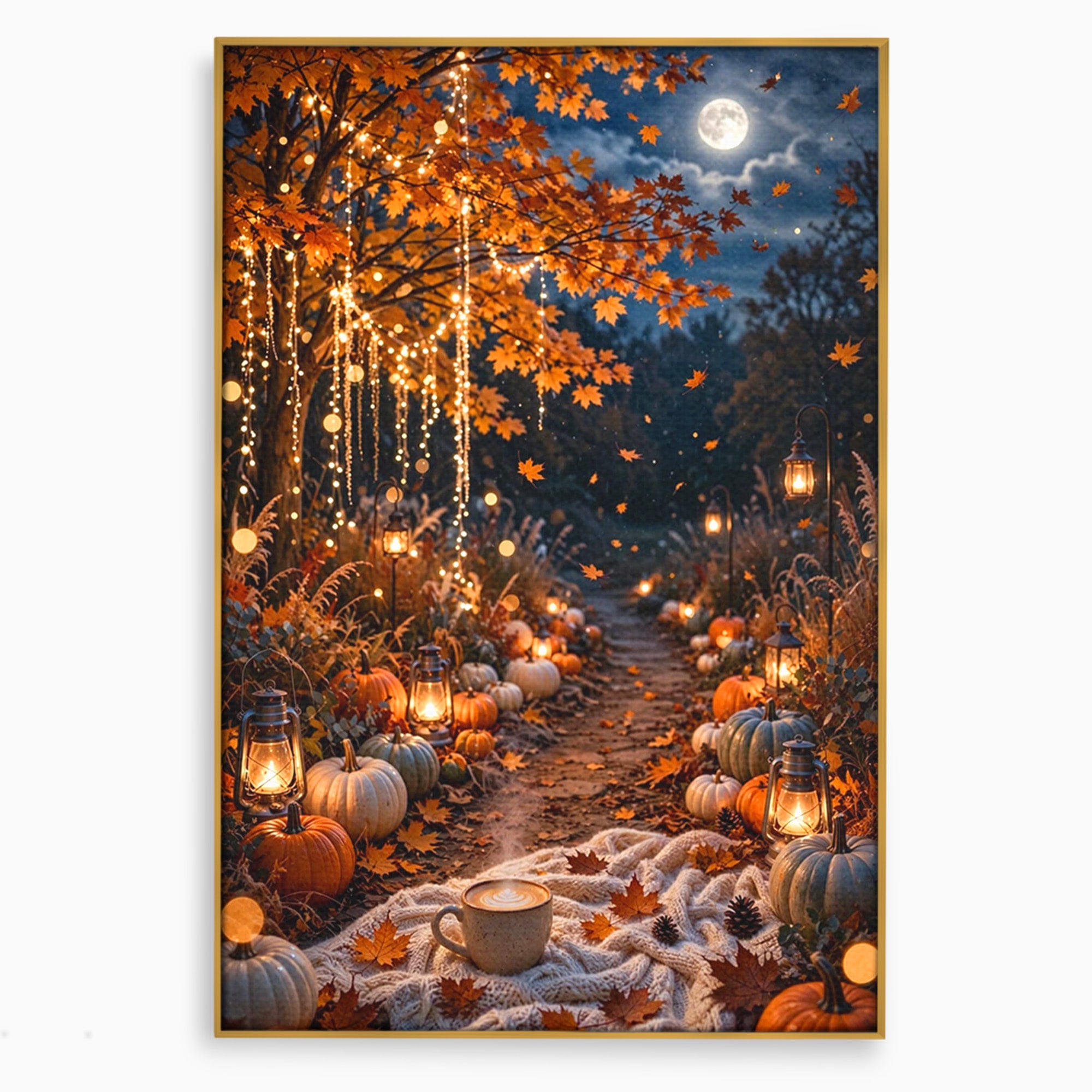 Tablou Canvas Premium LuxCanva® PI1073, Aleea De Toamna, Lumini, Lanterne, Luna, Living, Natura, Culori Vibrante