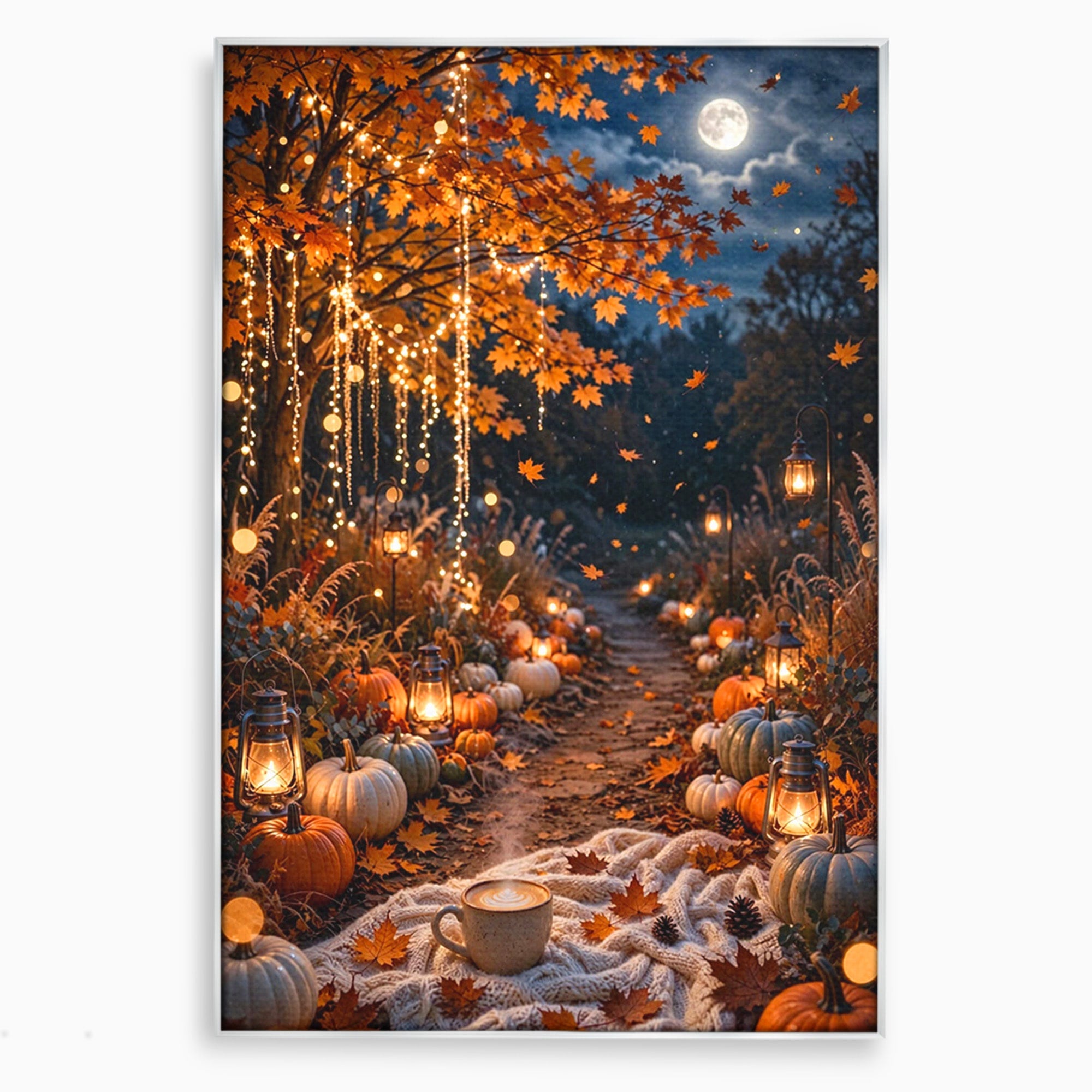 Tablou Canvas Premium LuxCanva® PI1073, Aleea De Toamna, Lumini, Lanterne, Luna, Living, Natura, Culori Vibrante