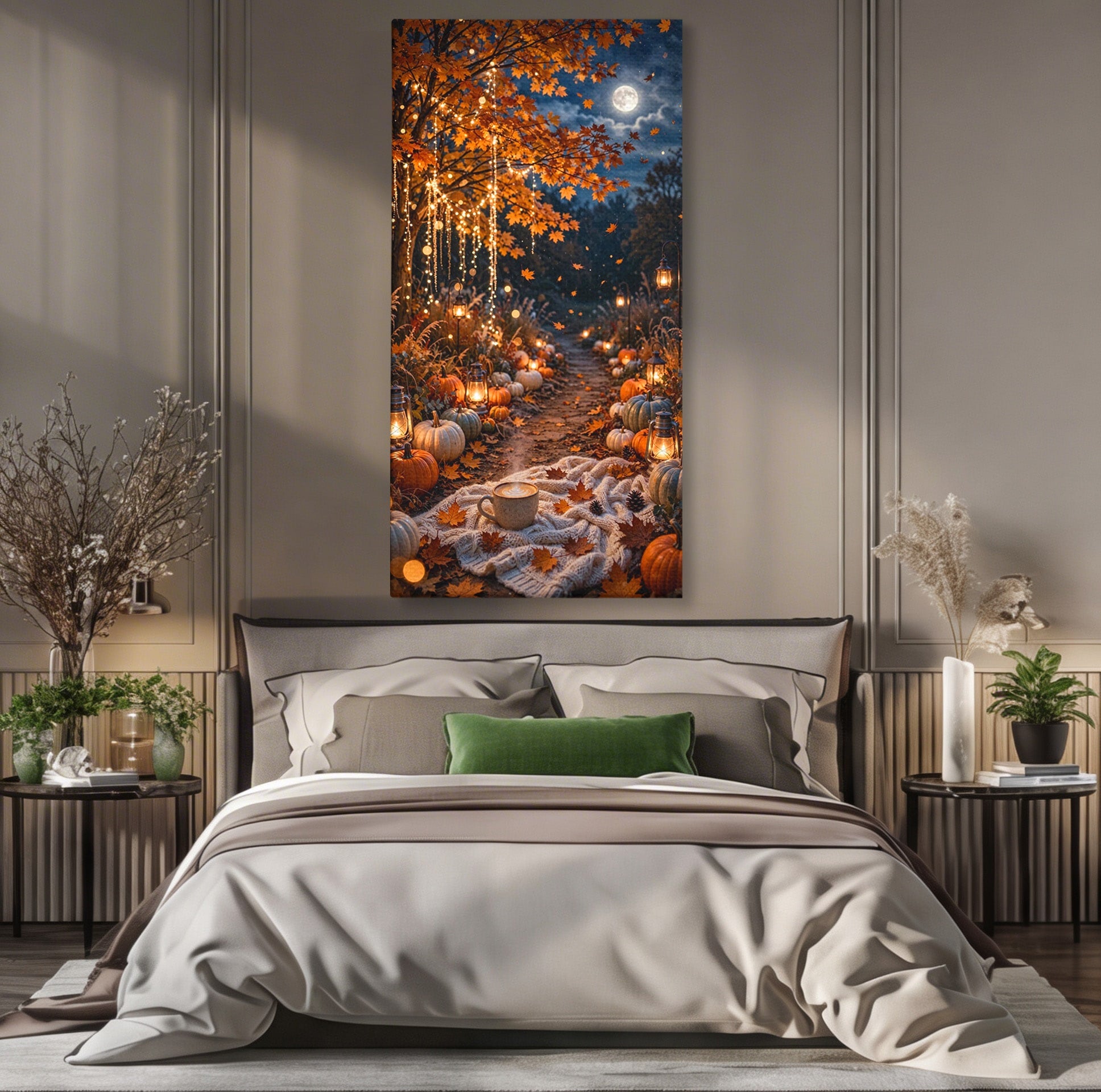 Tablou Canvas Premium LuxCanva® PI1073, Aleea De Toamna, Lumini, Lanterne, Luna, Living, Natura, Culori Vibrante