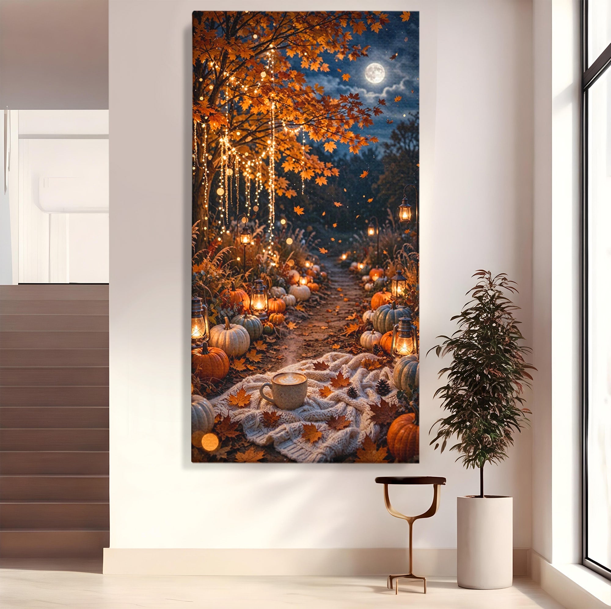 Tablou Canvas Premium LuxCanva® PI1073, Aleea De Toamna, Lumini, Lanterne, Luna, Living, Natura, Culori Vibrante