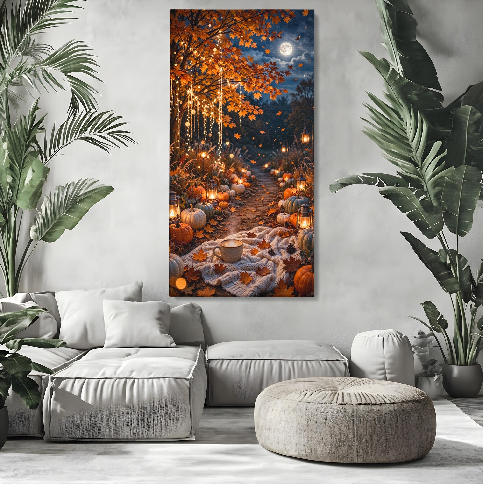Tablou Canvas Premium LuxCanva® PI1073, Aleea De Toamna, Lumini, Lanterne, Luna, Living, Natura, Culori Vibrante