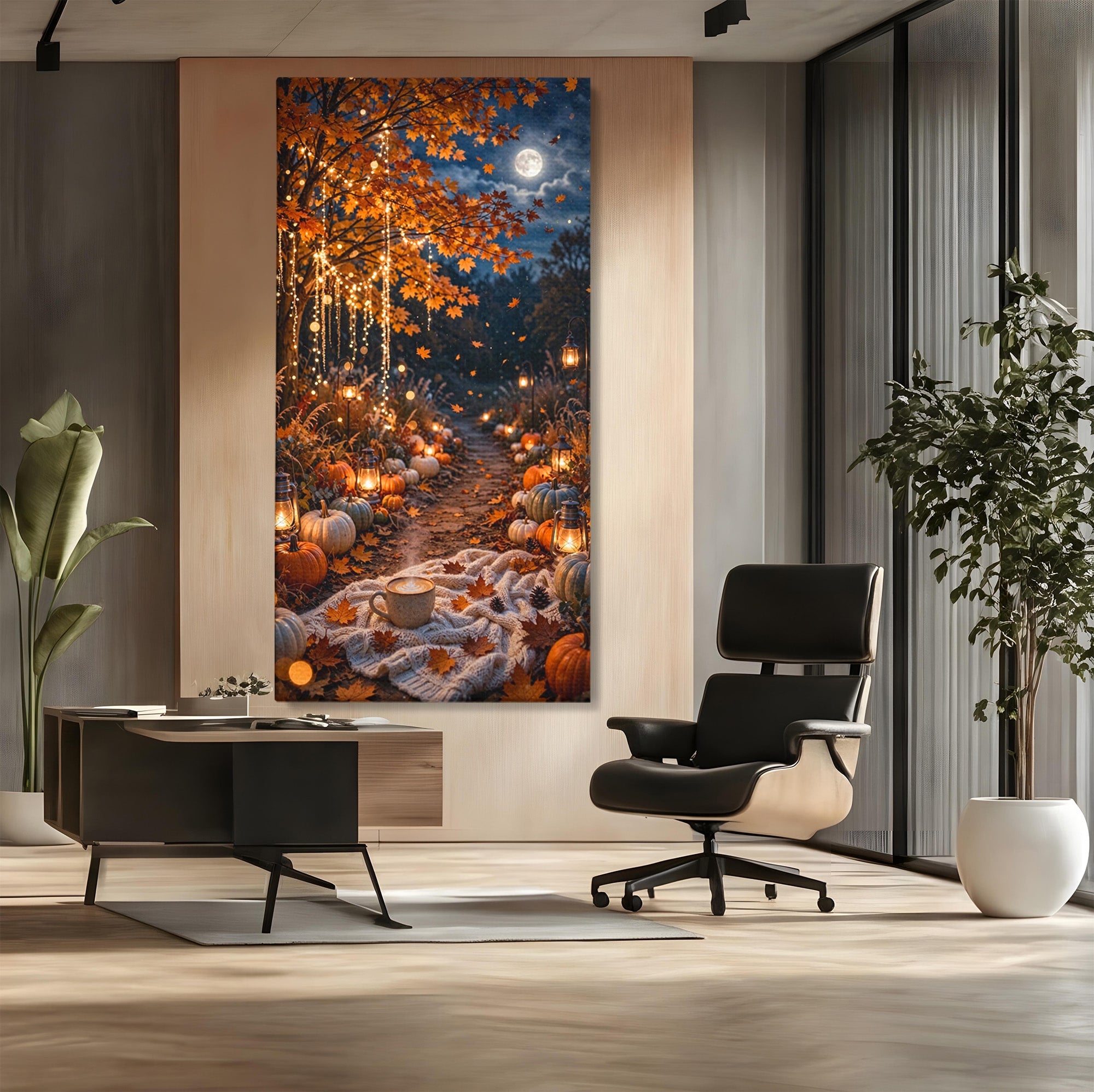 Tablou Canvas Premium LuxCanva® PI1073, Aleea De Toamna, Lumini, Lanterne, Luna, Living, Natura, Culori Vibrante