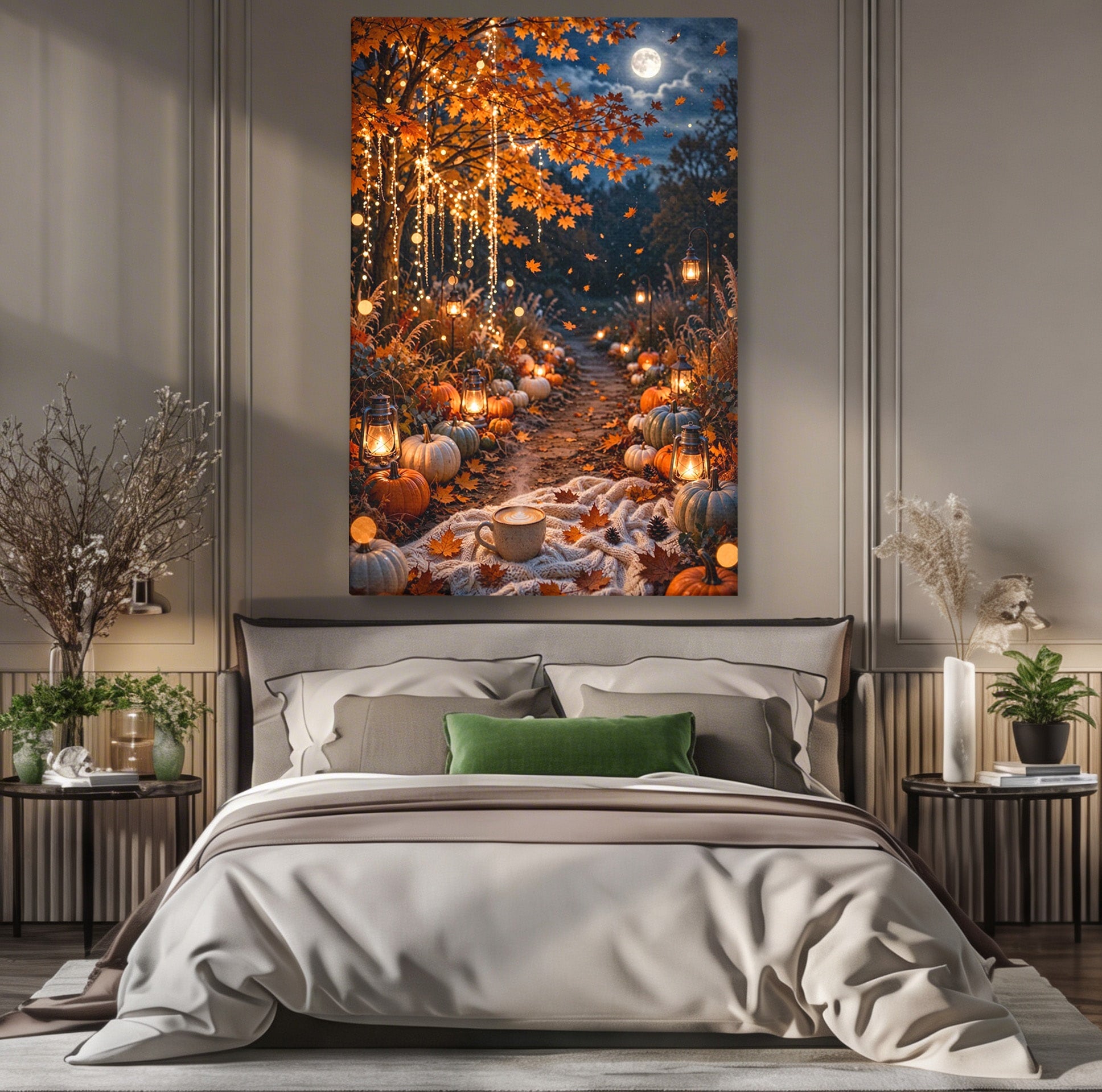 Tablou Canvas Premium LuxCanva® PI1073, Aleea De Toamna, Lumini, Lanterne, Luna, Living, Natura, Culori Vibrante