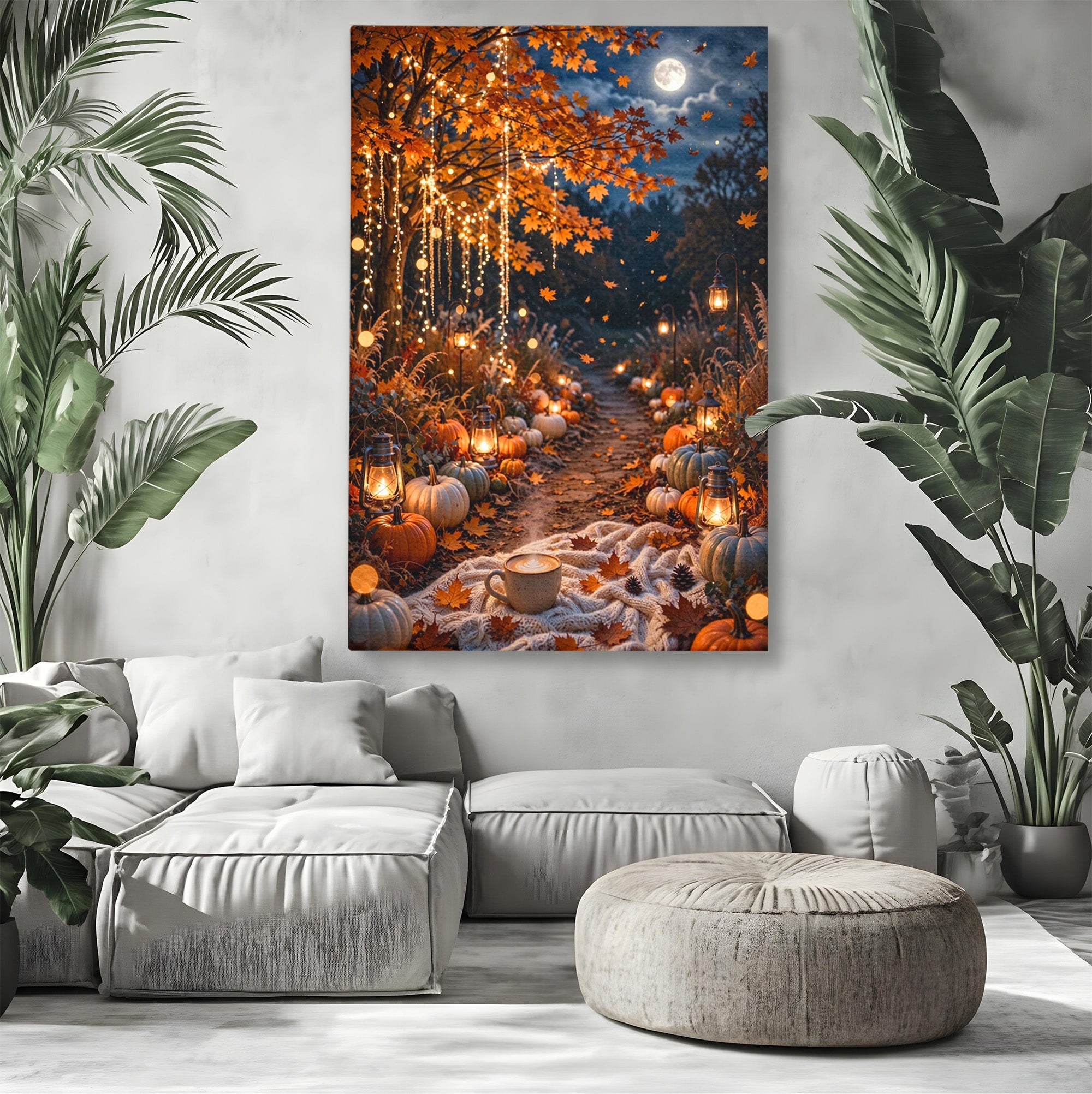 Tablou Canvas Premium LuxCanva® PI1073, Aleea De Toamna, Lumini, Lanterne, Luna, Living, Natura, Culori Vibrante
