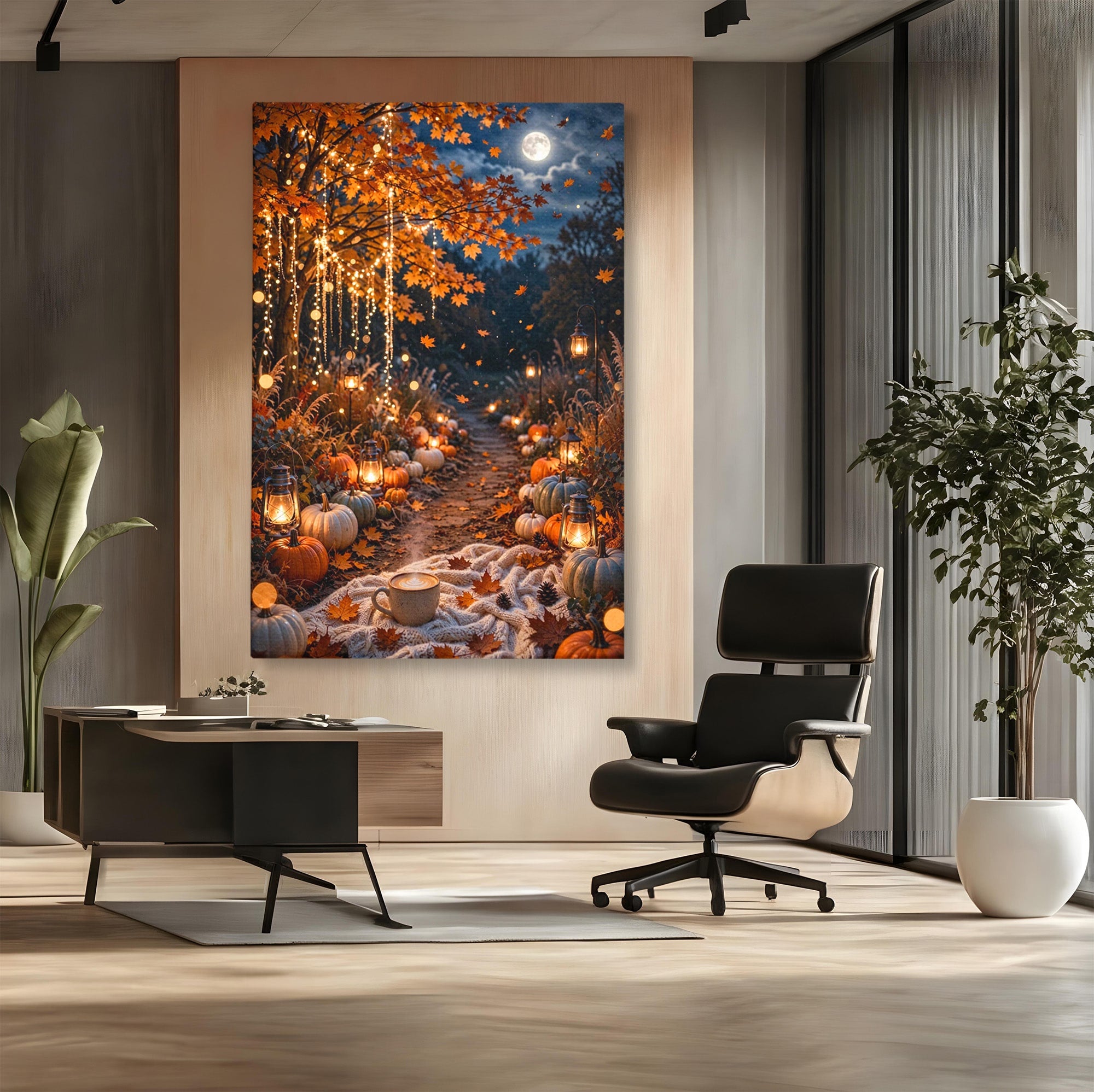 Tablou Canvas Premium LuxCanva® PI1073, Aleea De Toamna, Lumini, Lanterne, Luna, Living, Natura, Culori Vibrante