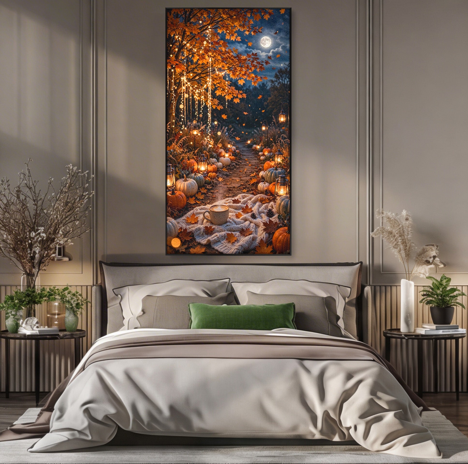 Tablou Canvas Premium LuxCanva® PI1073, Aleea De Toamna, Lumini, Lanterne, Luna, Living, Natura, Culori Vibrante