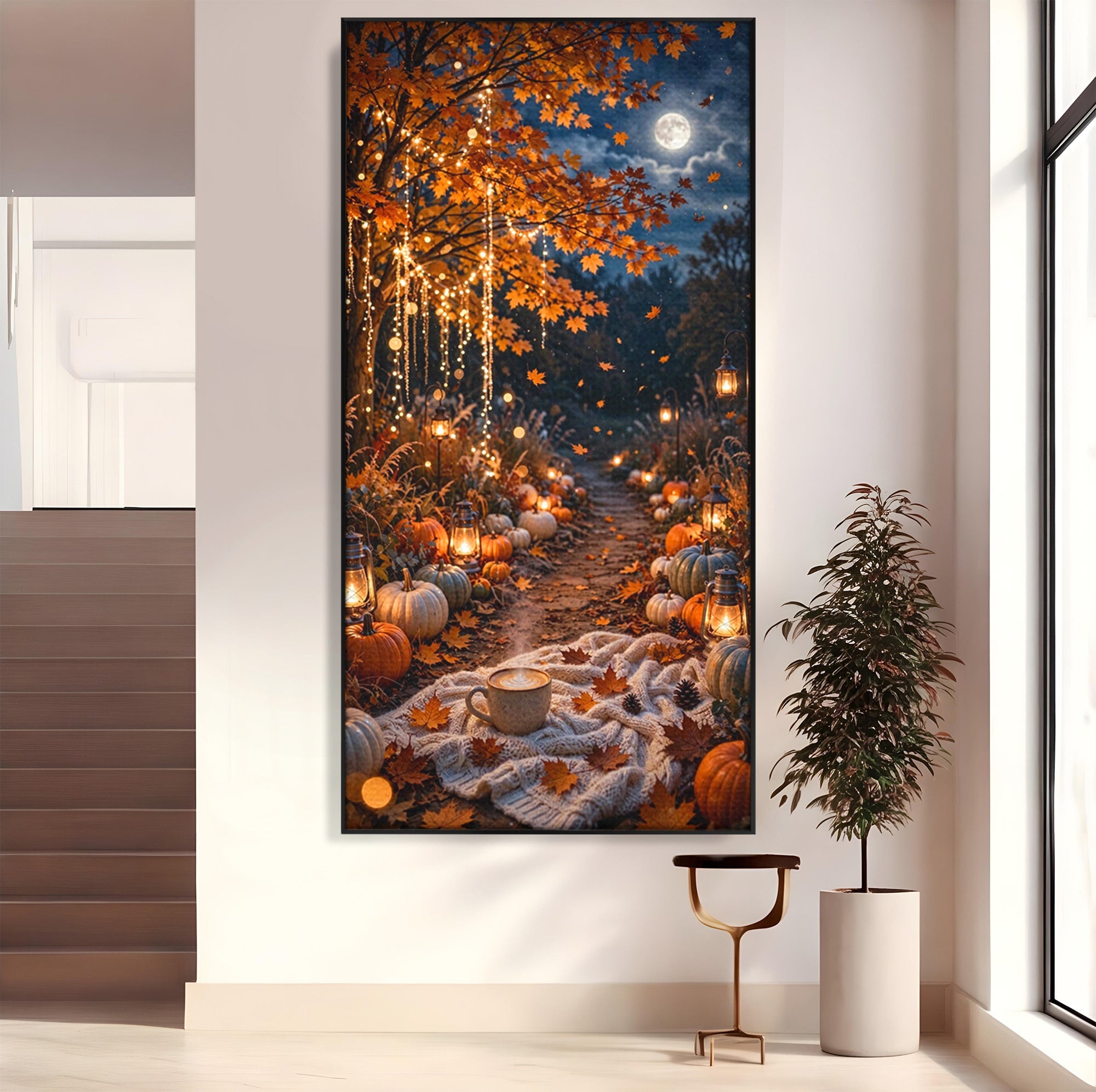 Tablou Canvas Premium LuxCanva® PI1073, Aleea De Toamna, Lumini, Lanterne, Luna, Living, Natura, Culori Vibrante