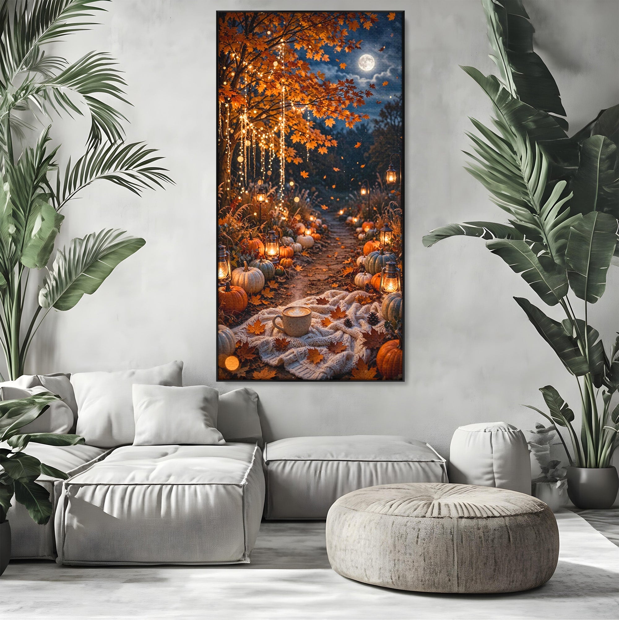 Tablou Canvas Premium LuxCanva® PI1073, Aleea De Toamna, Lumini, Lanterne, Luna, Living, Natura, Culori Vibrante