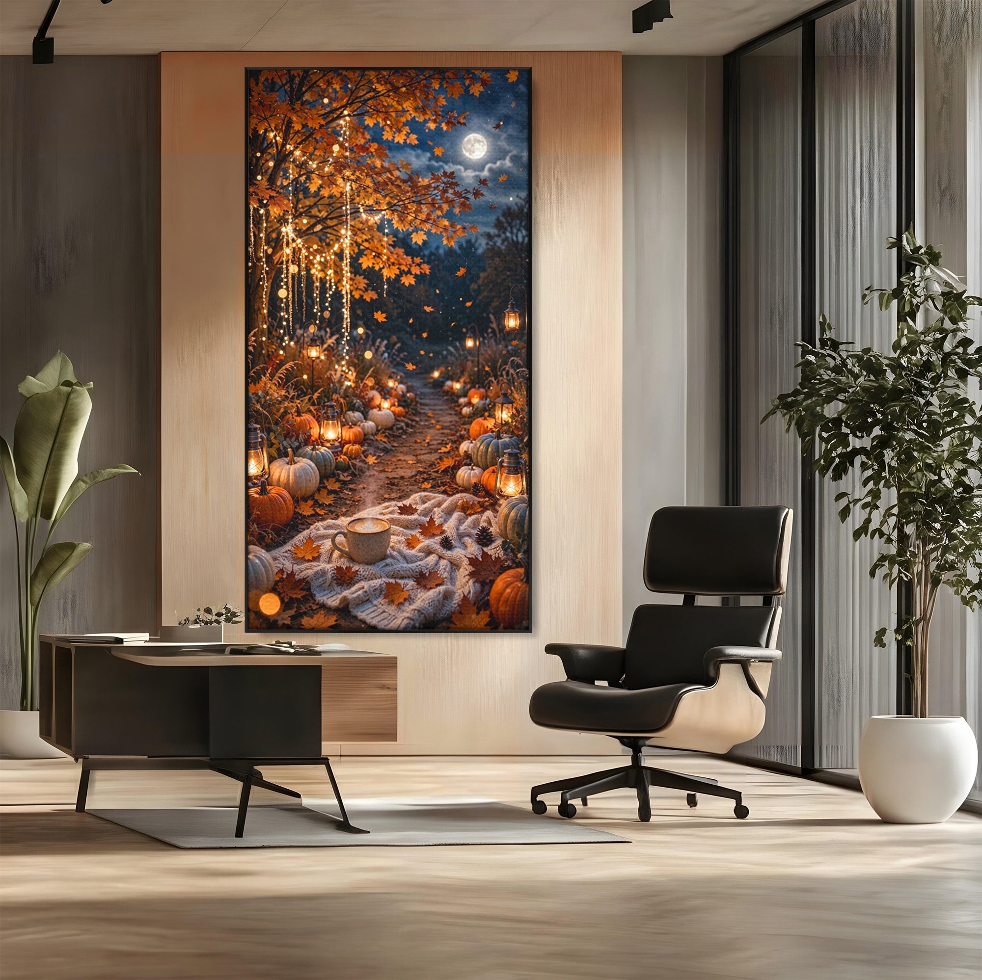 Tablou Canvas Premium LuxCanva® PI1073, Aleea De Toamna, Lumini, Lanterne, Luna, Living, Natura, Culori Vibrante