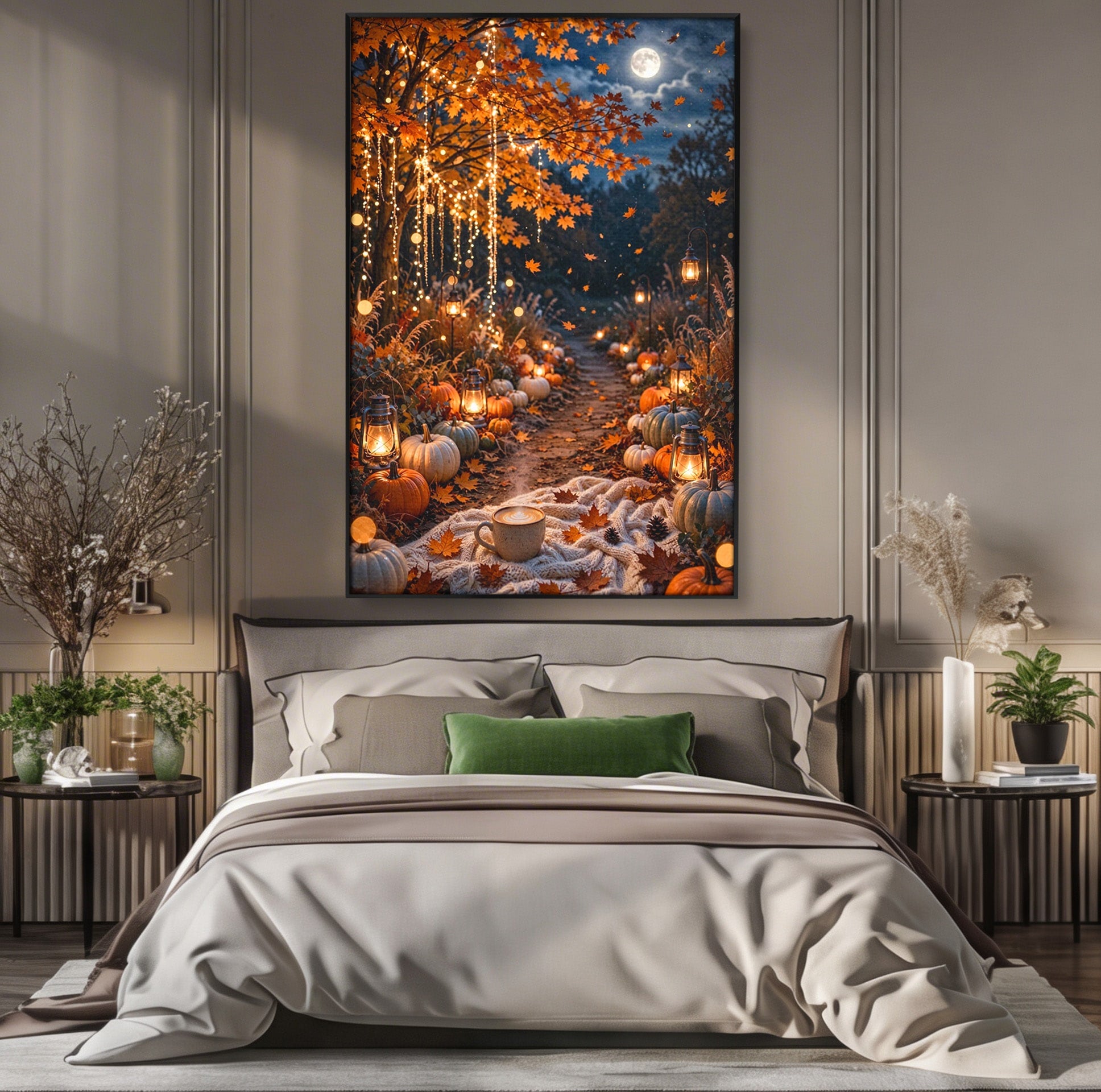 Tablou Canvas Premium LuxCanva® PI1073, Aleea De Toamna, Lumini, Lanterne, Luna, Living, Natura, Culori Vibrante