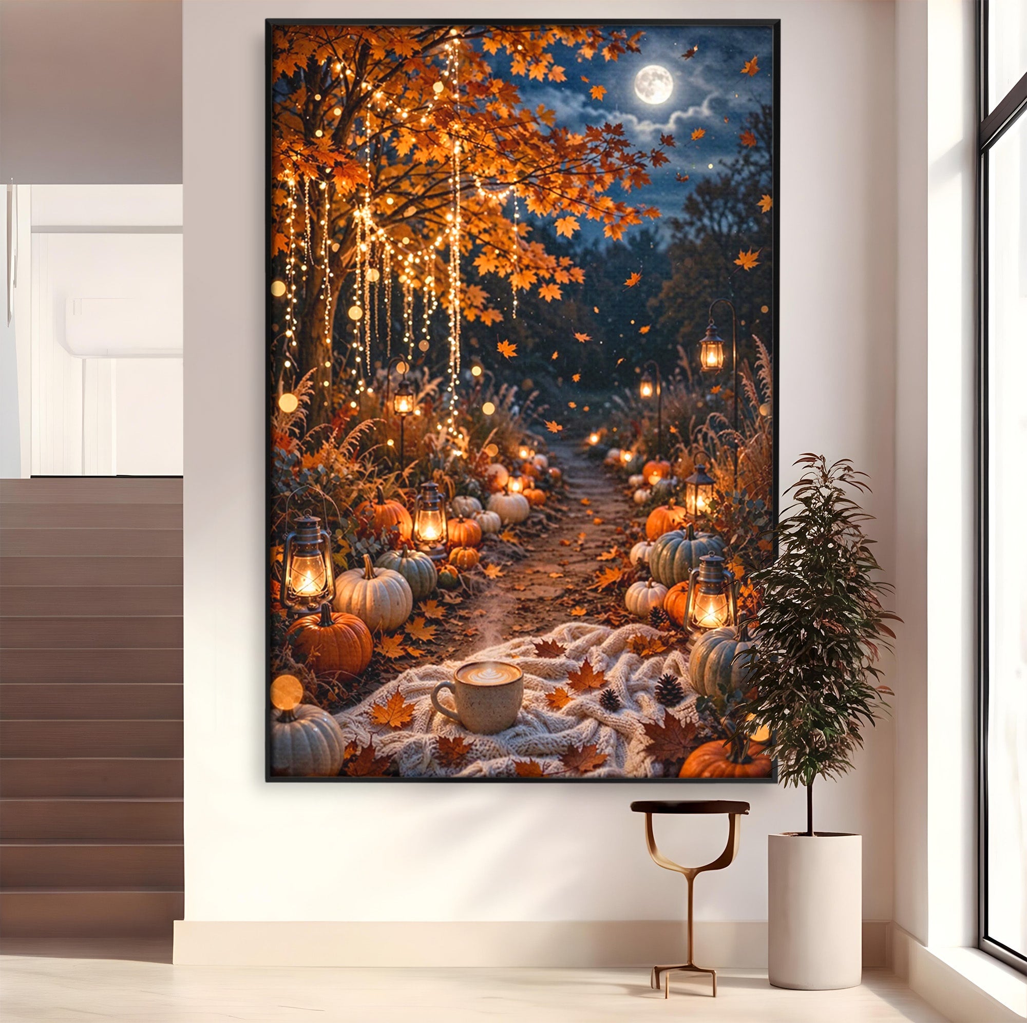 Tablou Canvas Premium LuxCanva® PI1073, Aleea De Toamna, Lumini, Lanterne, Luna, Living, Natura, Culori Vibrante