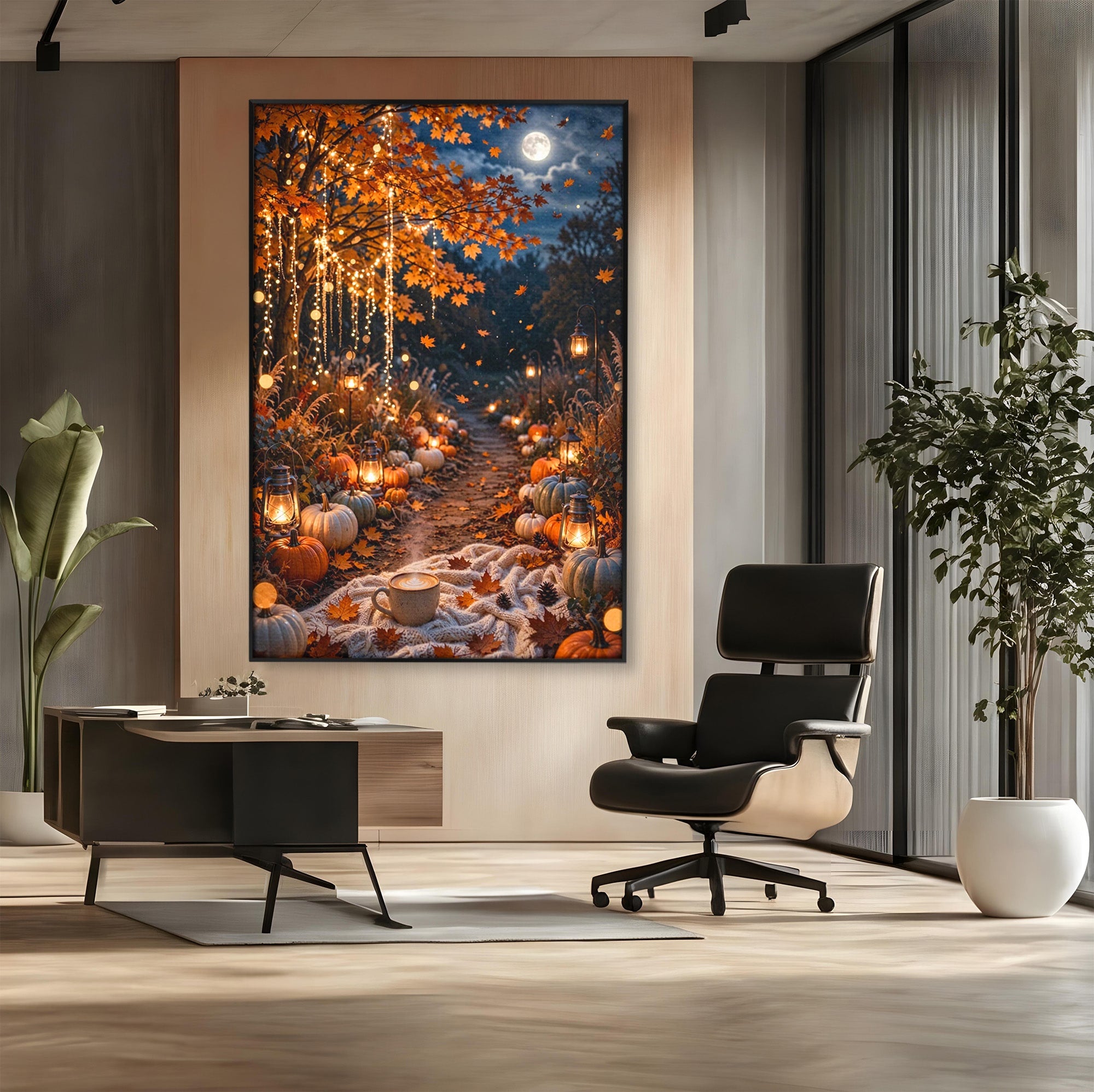 Tablou Canvas Premium LuxCanva® PI1073, Aleea De Toamna, Lumini, Lanterne, Luna, Living, Natura, Culori Vibrante