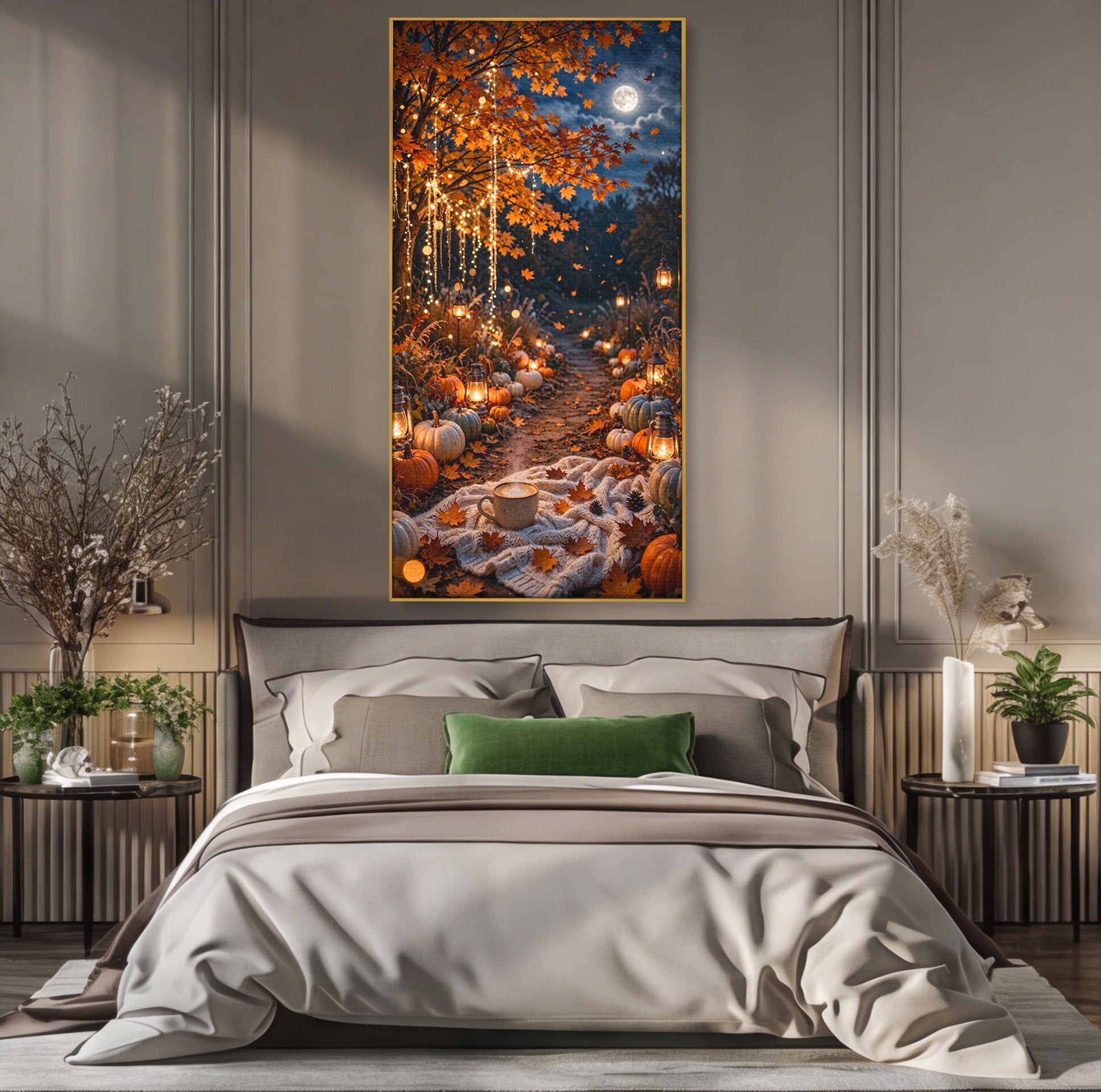 Tablou Canvas Premium LuxCanva® PI1073, Aleea De Toamna, Lumini, Lanterne, Luna, Living, Natura, Culori Vibrante