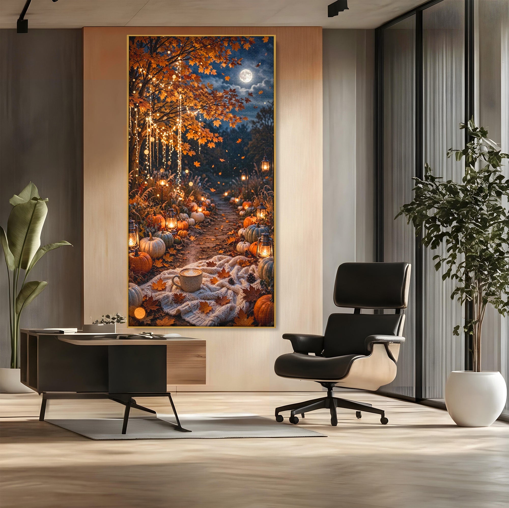 Tablou Canvas Premium LuxCanva® PI1073, Aleea De Toamna, Lumini, Lanterne, Luna, Living, Natura, Culori Vibrante