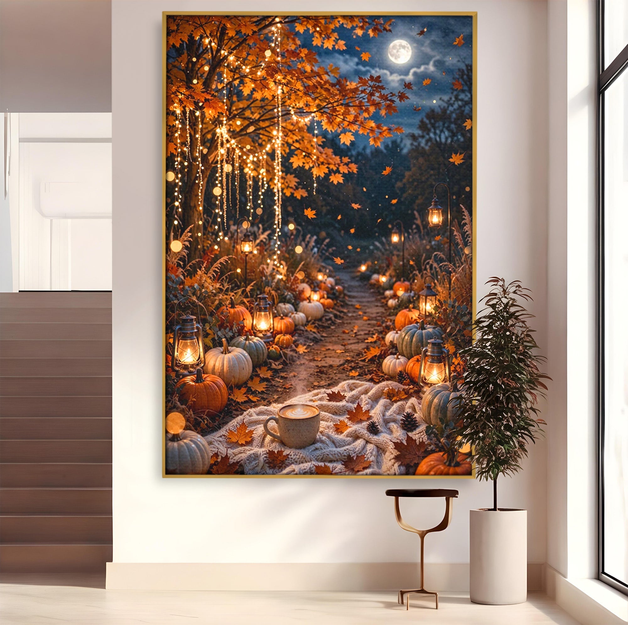 Tablou Canvas Premium LuxCanva® PI1073, Aleea De Toamna, Lumini, Lanterne, Luna, Living, Natura, Culori Vibrante
