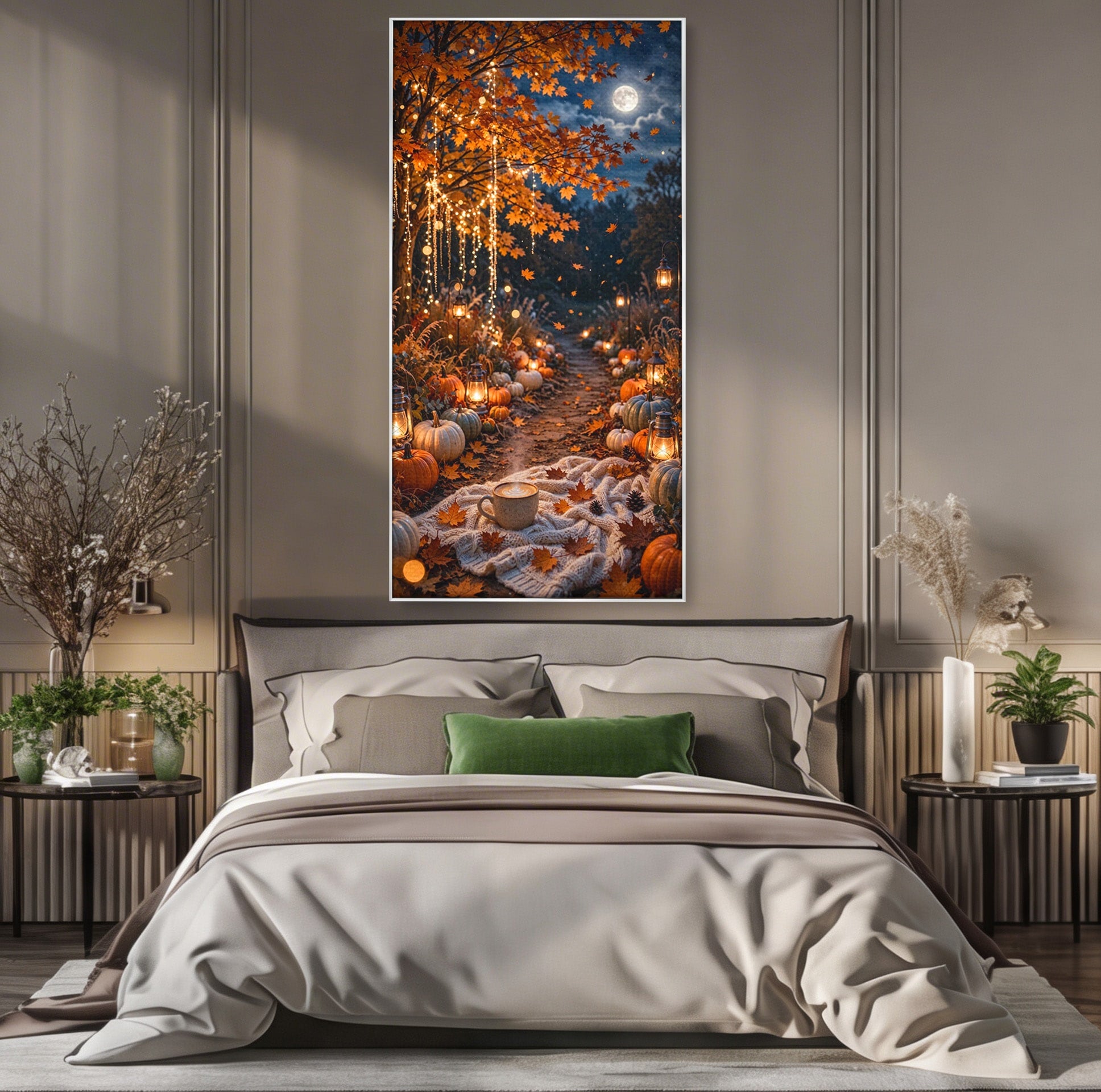Tablou Canvas Premium LuxCanva® PI1073, Aleea De Toamna, Lumini, Lanterne, Luna, Living, Natura, Culori Vibrante