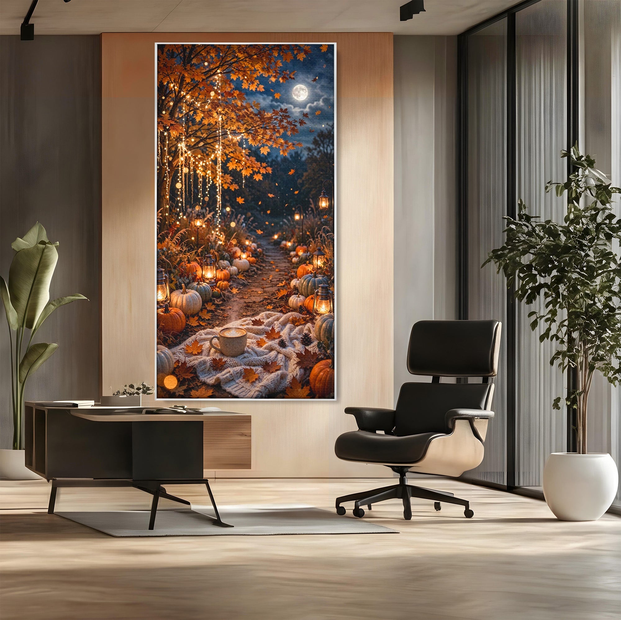 Tablou Canvas Premium LuxCanva® PI1073, Aleea De Toamna, Lumini, Lanterne, Luna, Living, Natura, Culori Vibrante