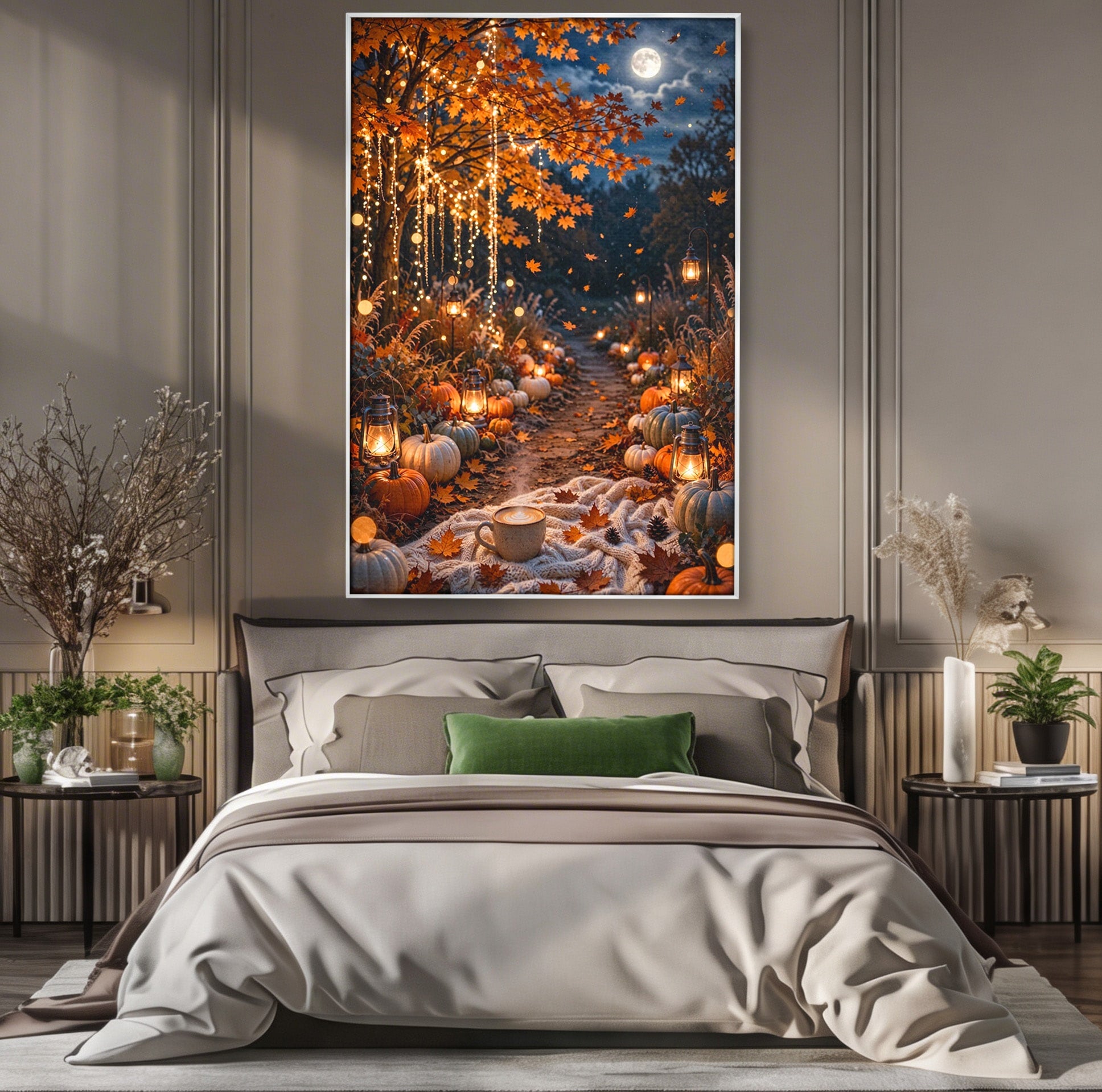 Tablou Canvas Premium LuxCanva® PI1073, Aleea De Toamna, Lumini, Lanterne, Luna, Living, Natura, Culori Vibrante