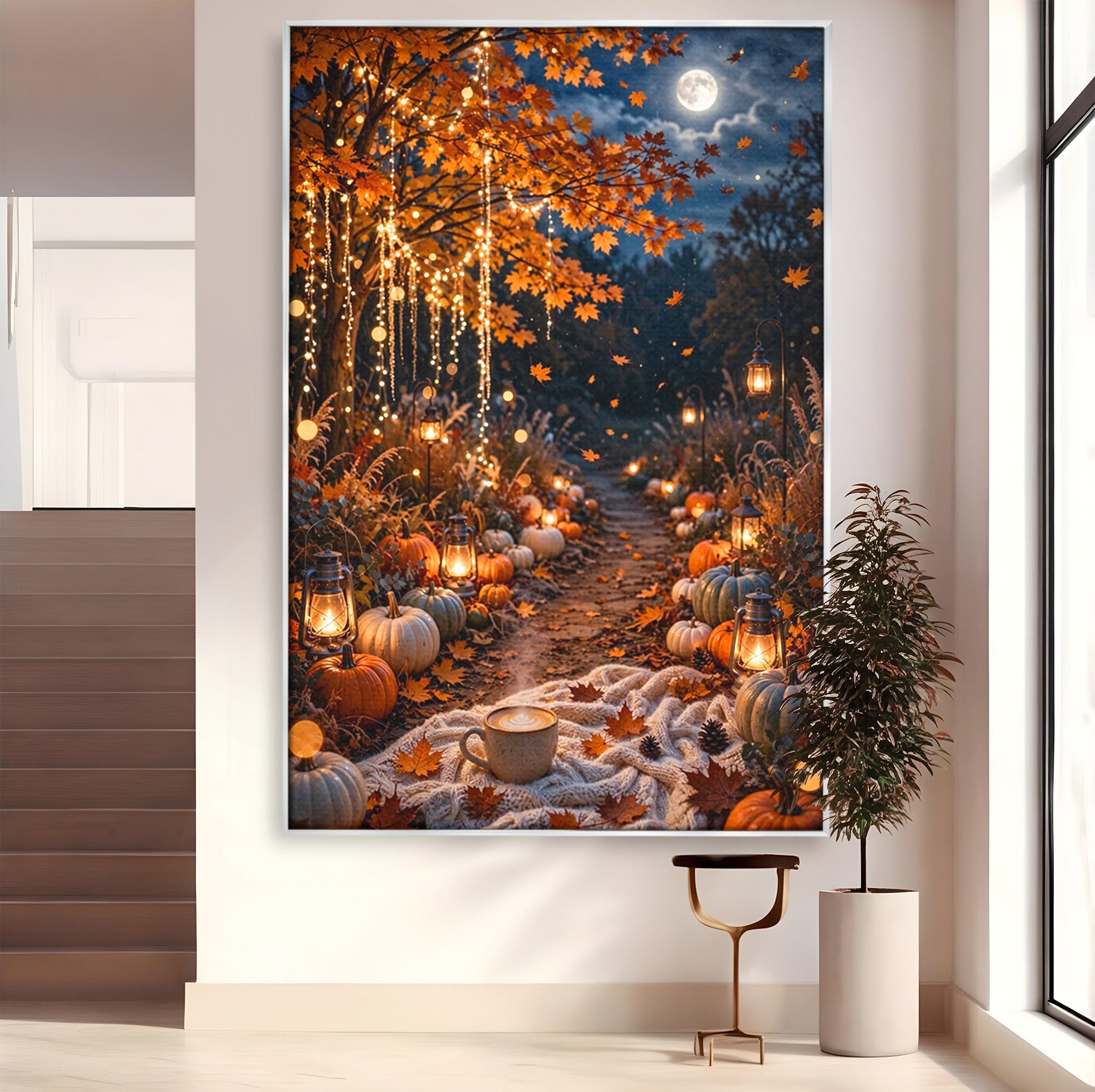 Tablou Canvas Premium LuxCanva® PI1073, Aleea De Toamna, Lumini, Lanterne, Luna, Living, Natura, Culori Vibrante