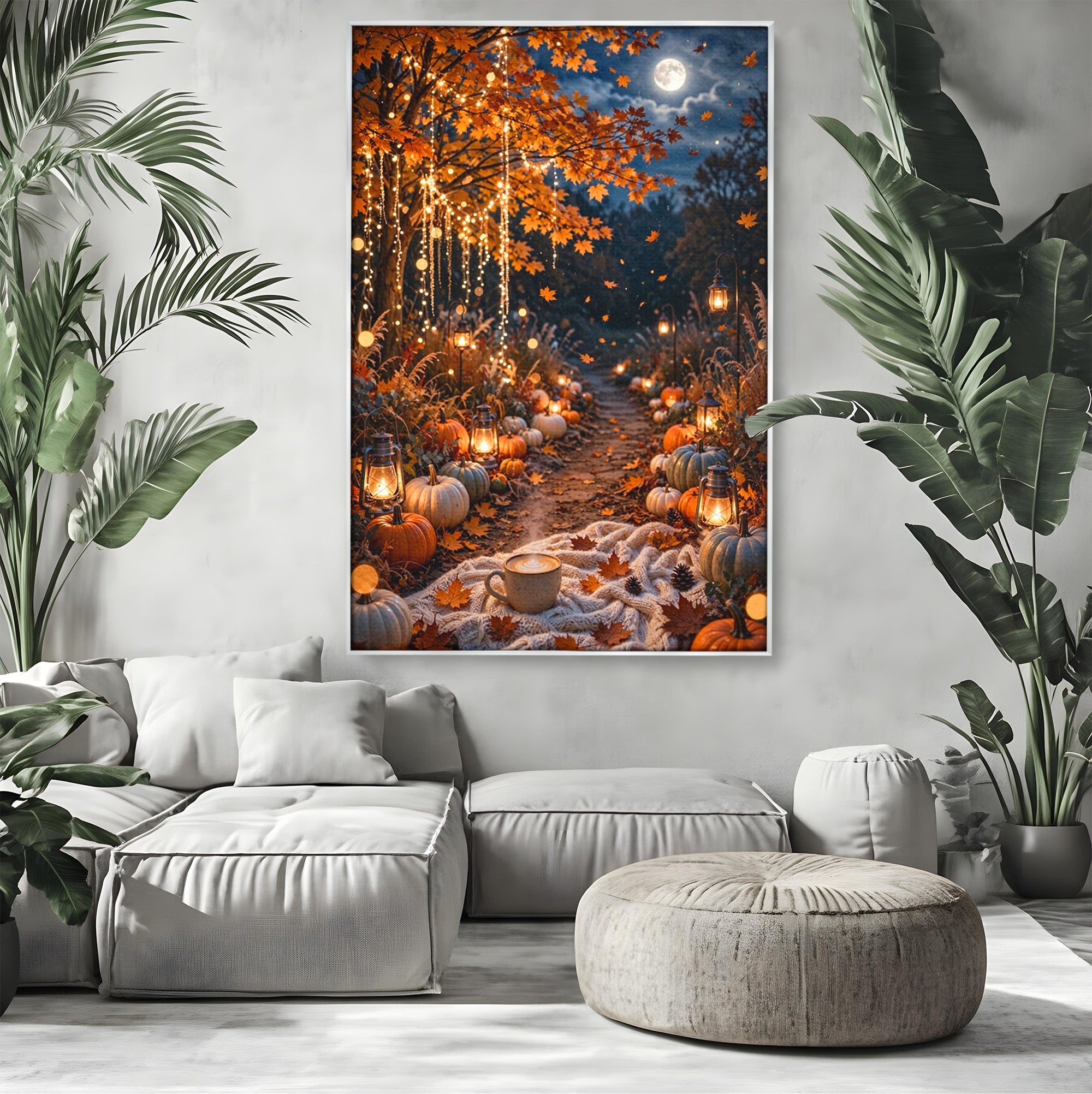 Tablou Canvas Premium LuxCanva® PI1073, Aleea De Toamna, Lumini, Lanterne, Luna, Living, Natura, Culori Vibrante