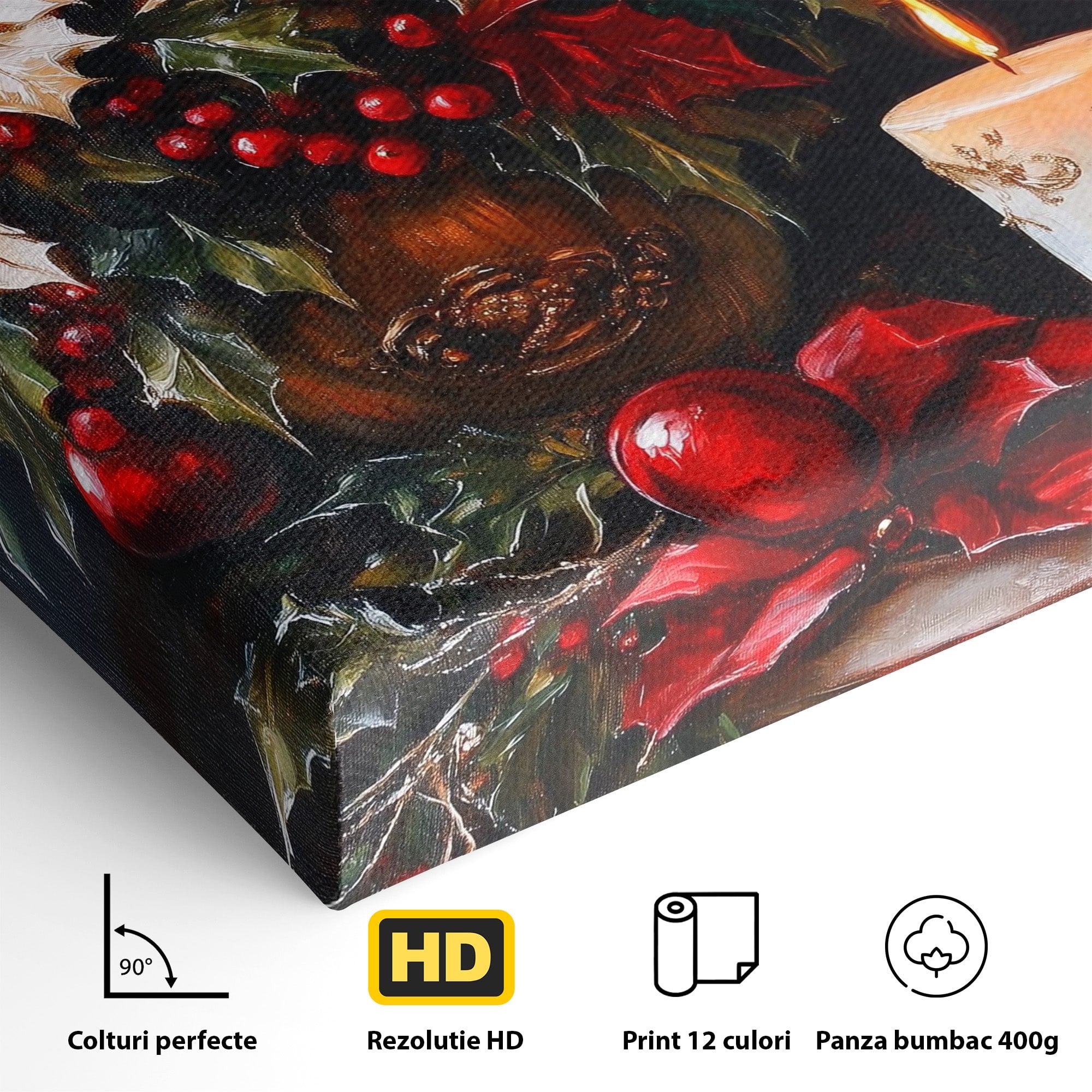 Tablou Canvas Premium LuxCanva® PI1074, Flori De Craciun, Iarna, Craciun, Decor, Lumanare, Living, Culori Vibrante