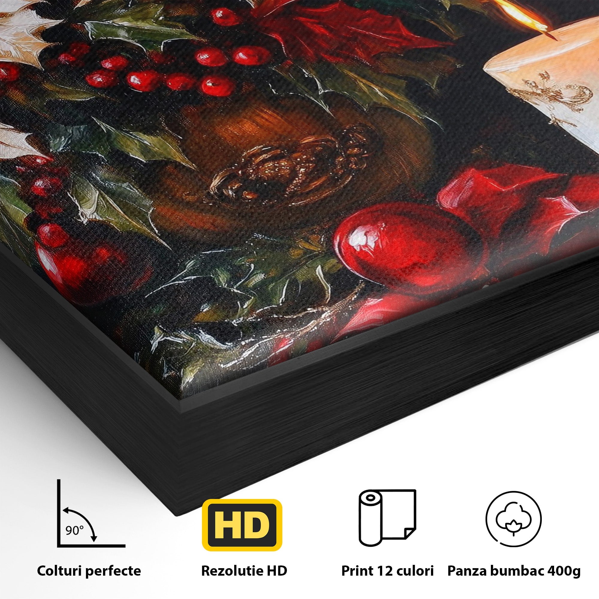 Tablou Canvas Premium LuxCanva® PI1074, Flori De Craciun, Iarna, Craciun, Decor, Lumanare, Living, Culori Vibrante
