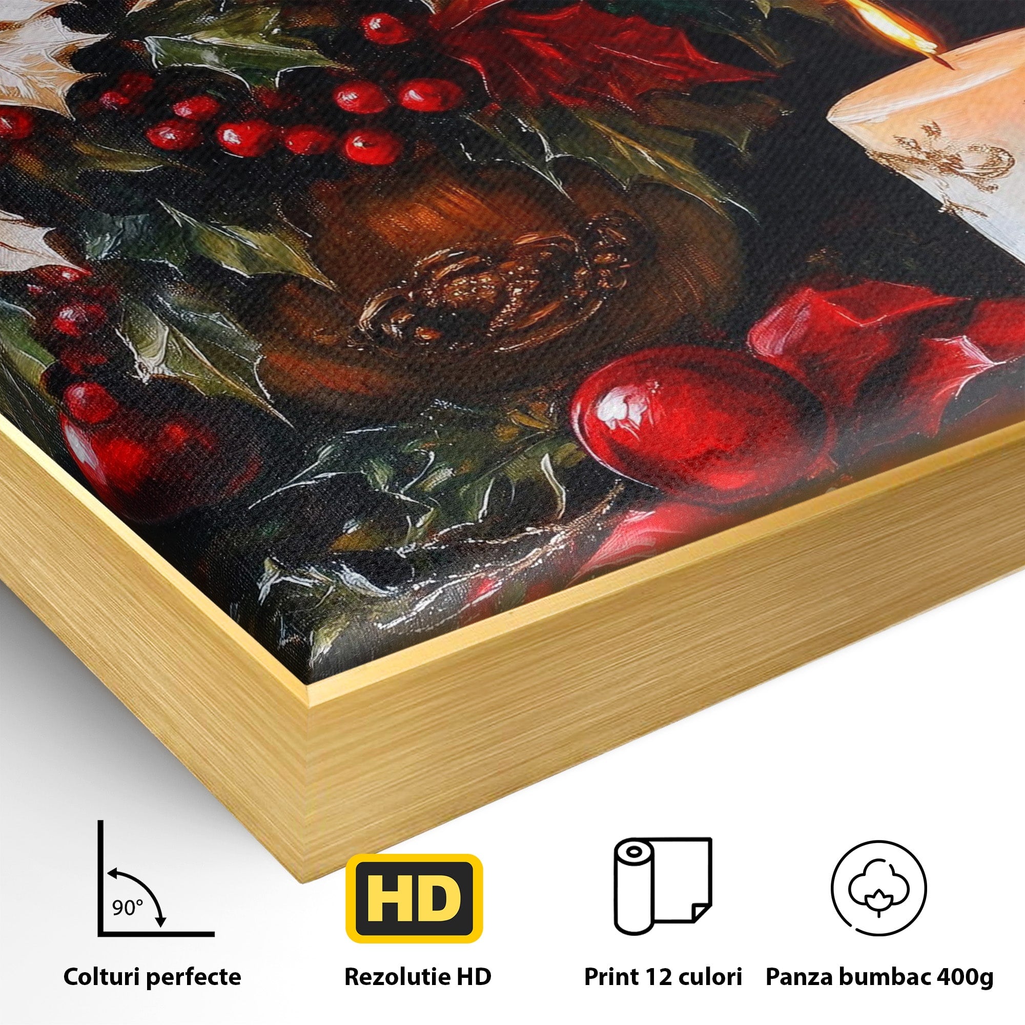 Tablou Canvas Premium LuxCanva® PI1074, Flori De Craciun, Iarna, Craciun, Decor, Lumanare, Living, Culori Vibrante