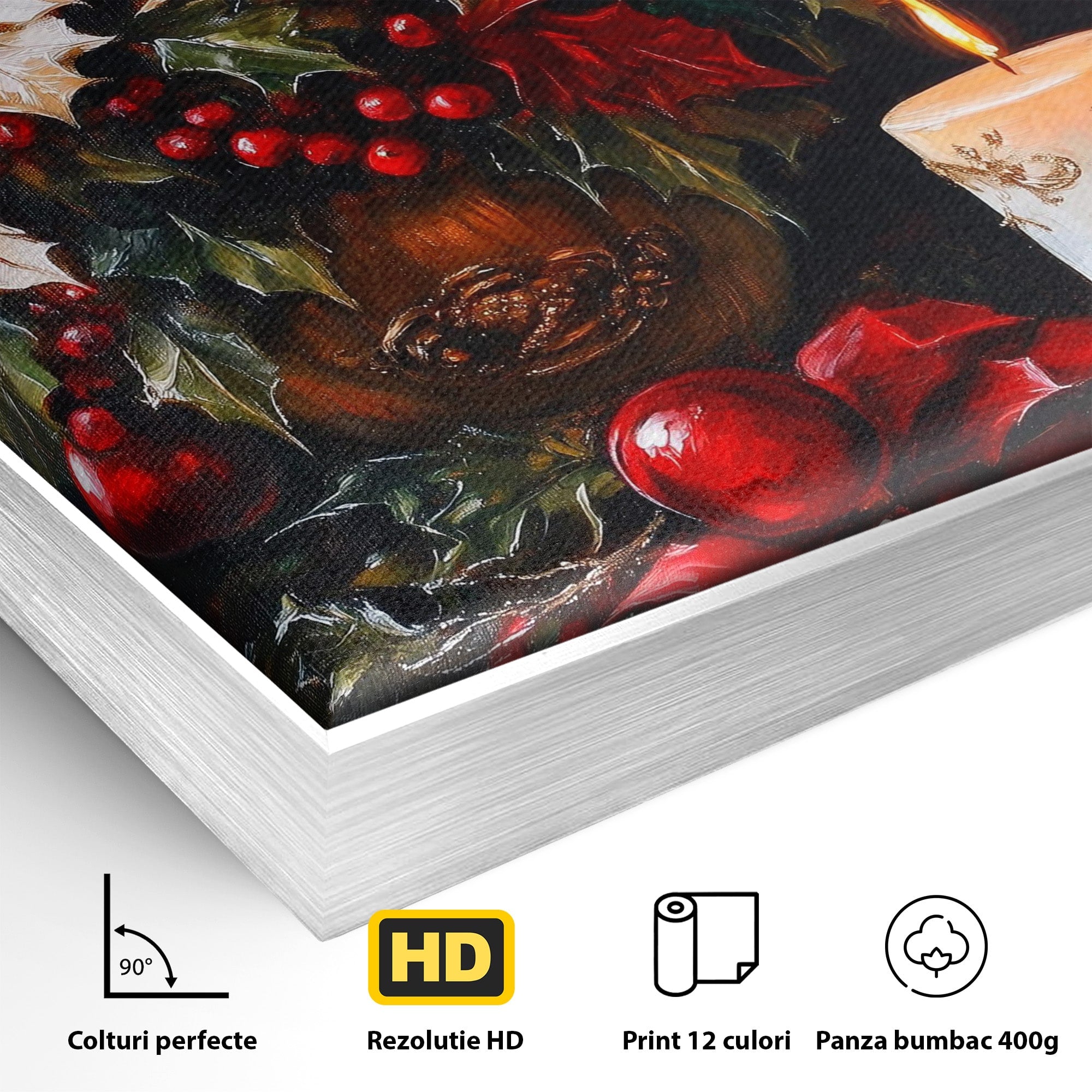 Tablou Canvas Premium LuxCanva® PI1074, Flori De Craciun, Iarna, Craciun, Decor, Lumanare, Living, Culori Vibrante