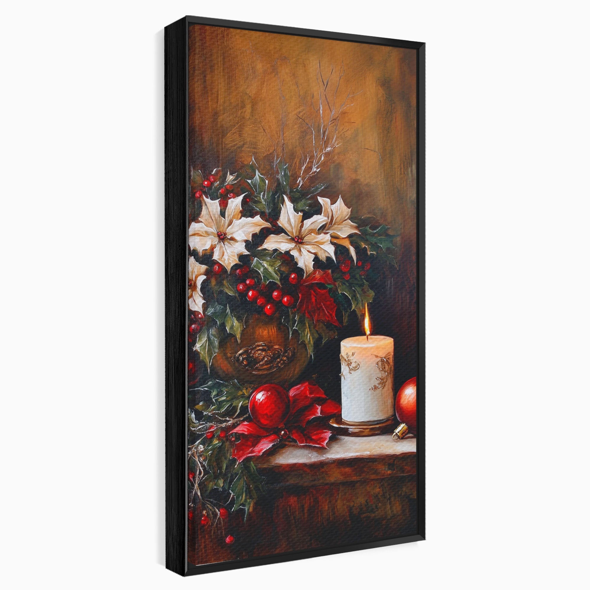 Tablou Canvas Premium LuxCanva® PI1074, Flori De Craciun, Iarna, Craciun, Decor, Lumanare, Living, Culori Vibrante
