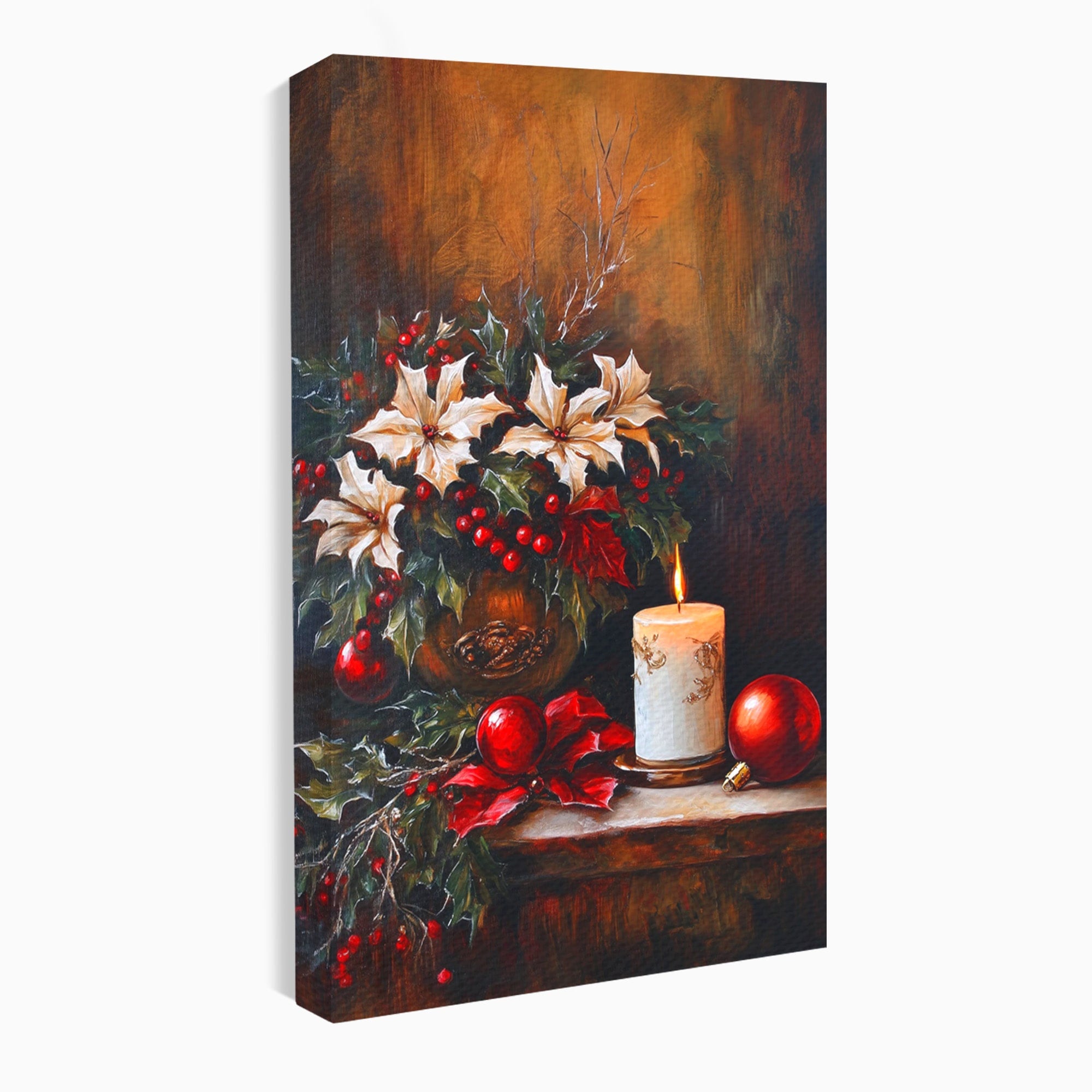 Tablou Canvas Premium LuxCanva® PI1074, Flori De Craciun, Iarna, Craciun, Decor, Lumanare, Living, Culori Vibrante