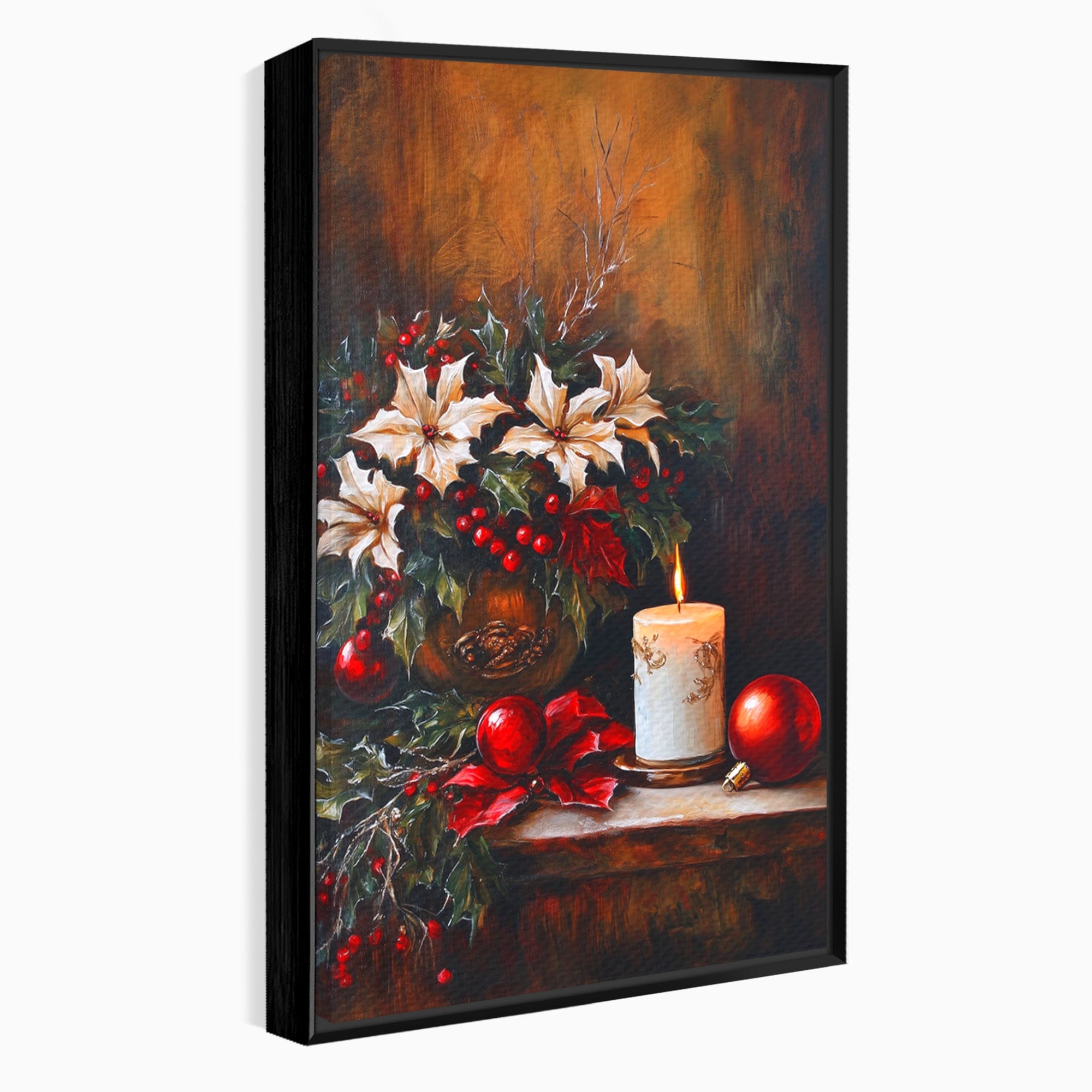 Tablou Canvas Premium LuxCanva® PI1074, Flori De Craciun, Iarna, Craciun, Decor, Lumanare, Living, Culori Vibrante