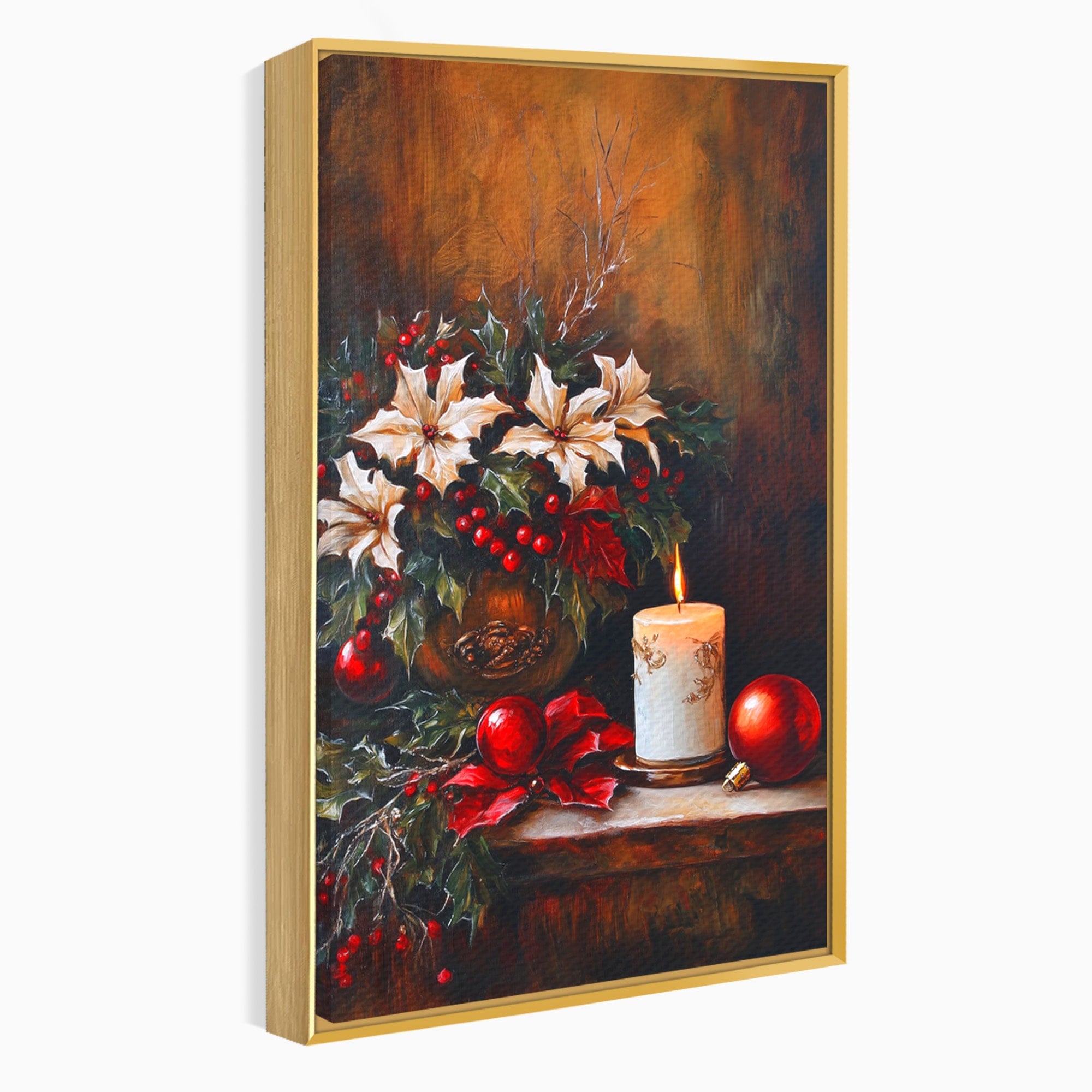 Tablou Canvas Premium LuxCanva® PI1074, Flori De Craciun, Iarna, Craciun, Decor, Lumanare, Living, Culori Vibrante