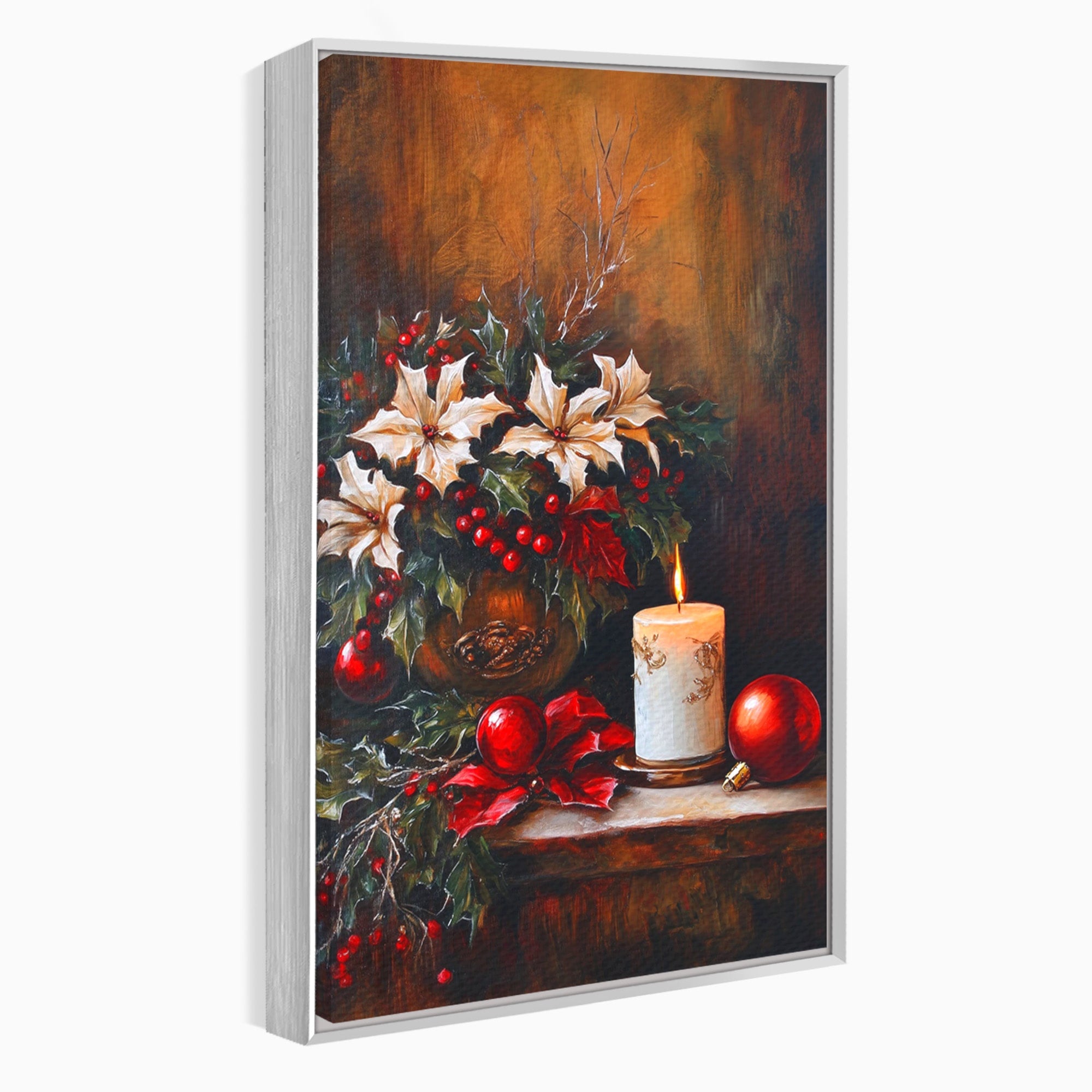 Tablou Canvas Premium LuxCanva® PI1074, Flori De Craciun, Iarna, Craciun, Decor, Lumanare, Living, Culori Vibrante