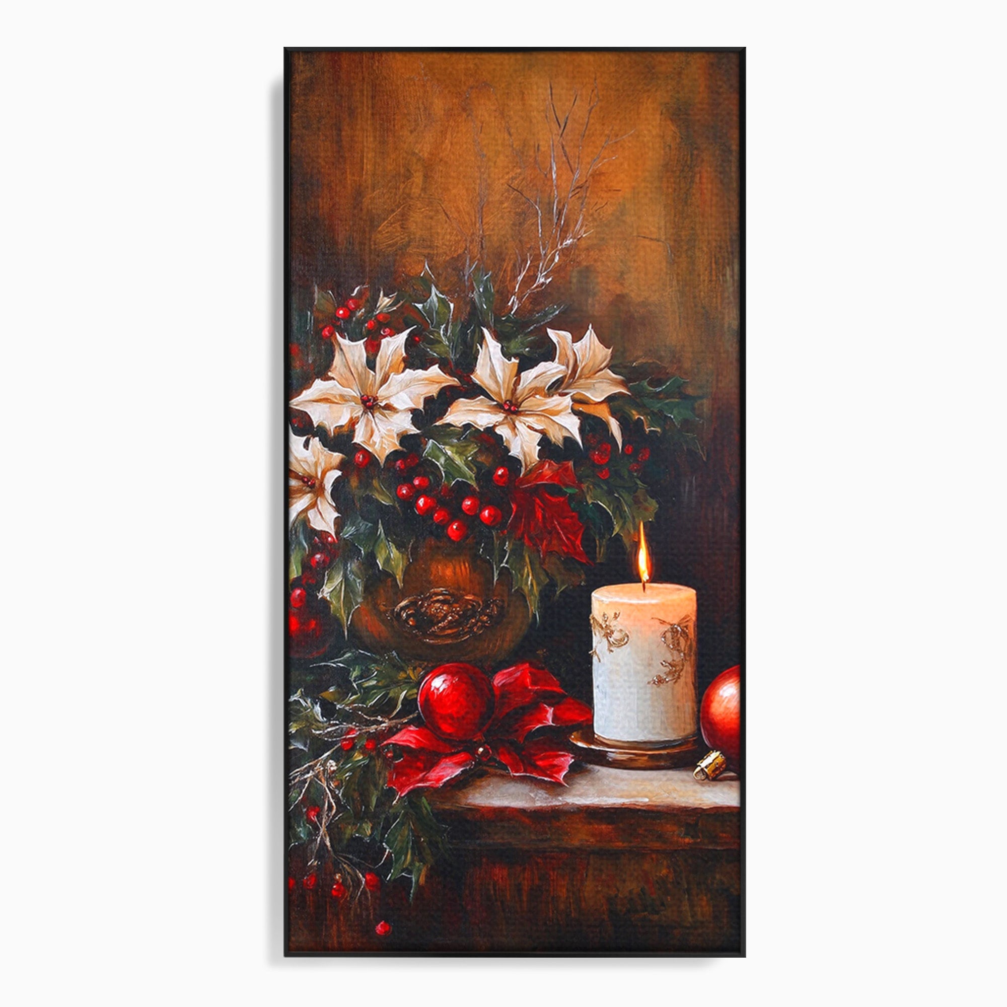 Tablou Canvas Premium LuxCanva® PI1074, Flori De Craciun, Iarna, Craciun, Decor, Lumanare, Living, Culori Vibrante
