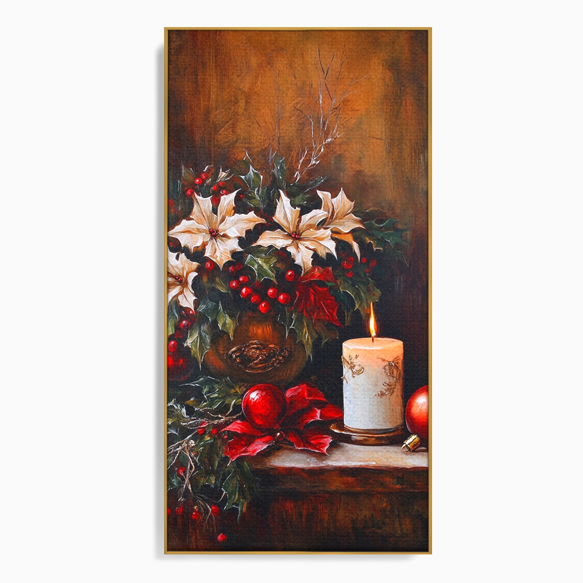 Tablou Canvas Premium LuxCanva® PI1074, Flori De Craciun, Iarna, Craciun, Decor, Lumanare, Living, Culori Vibrante