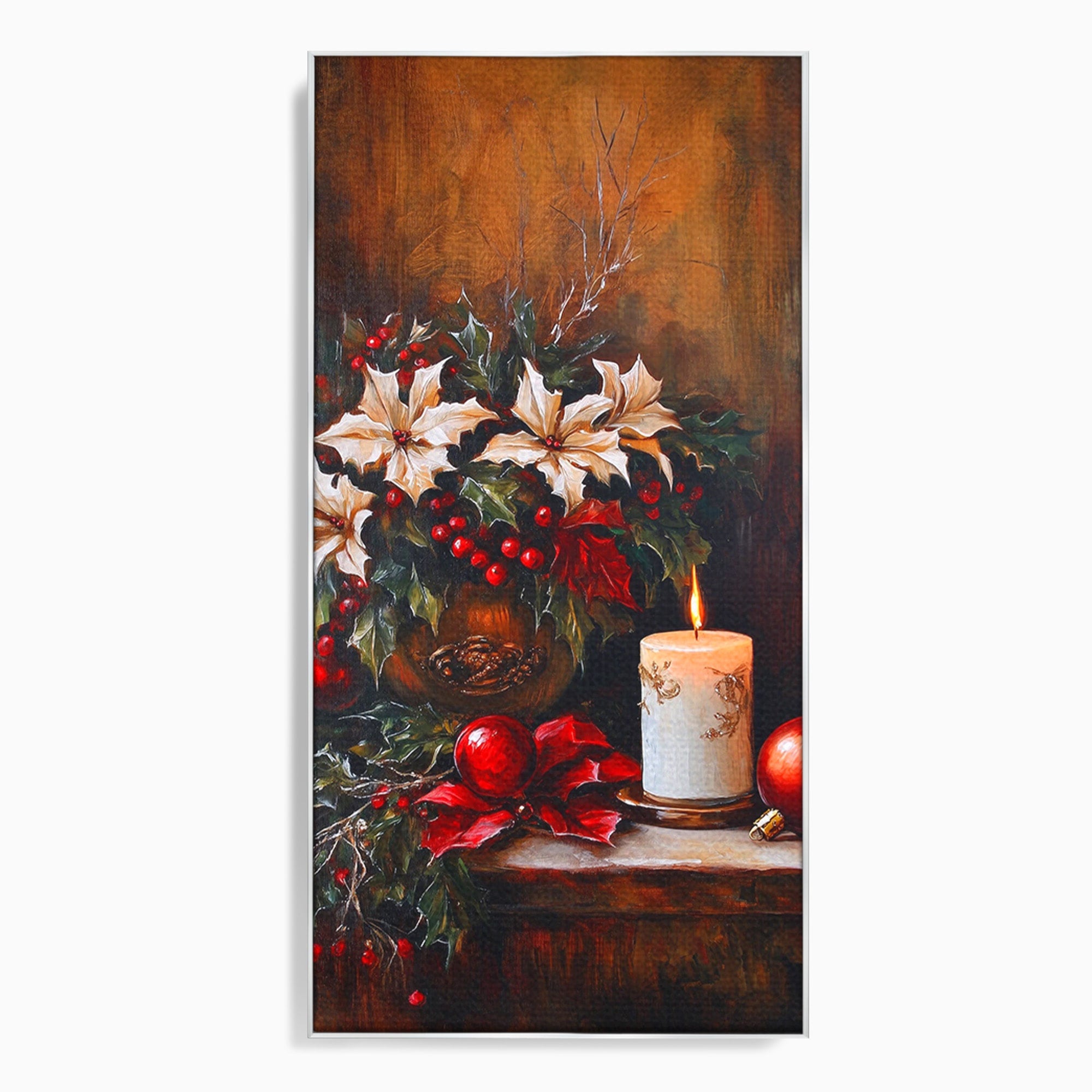 Tablou Canvas Premium LuxCanva® PI1074, Flori De Craciun, Iarna, Craciun, Decor, Lumanare, Living, Culori Vibrante