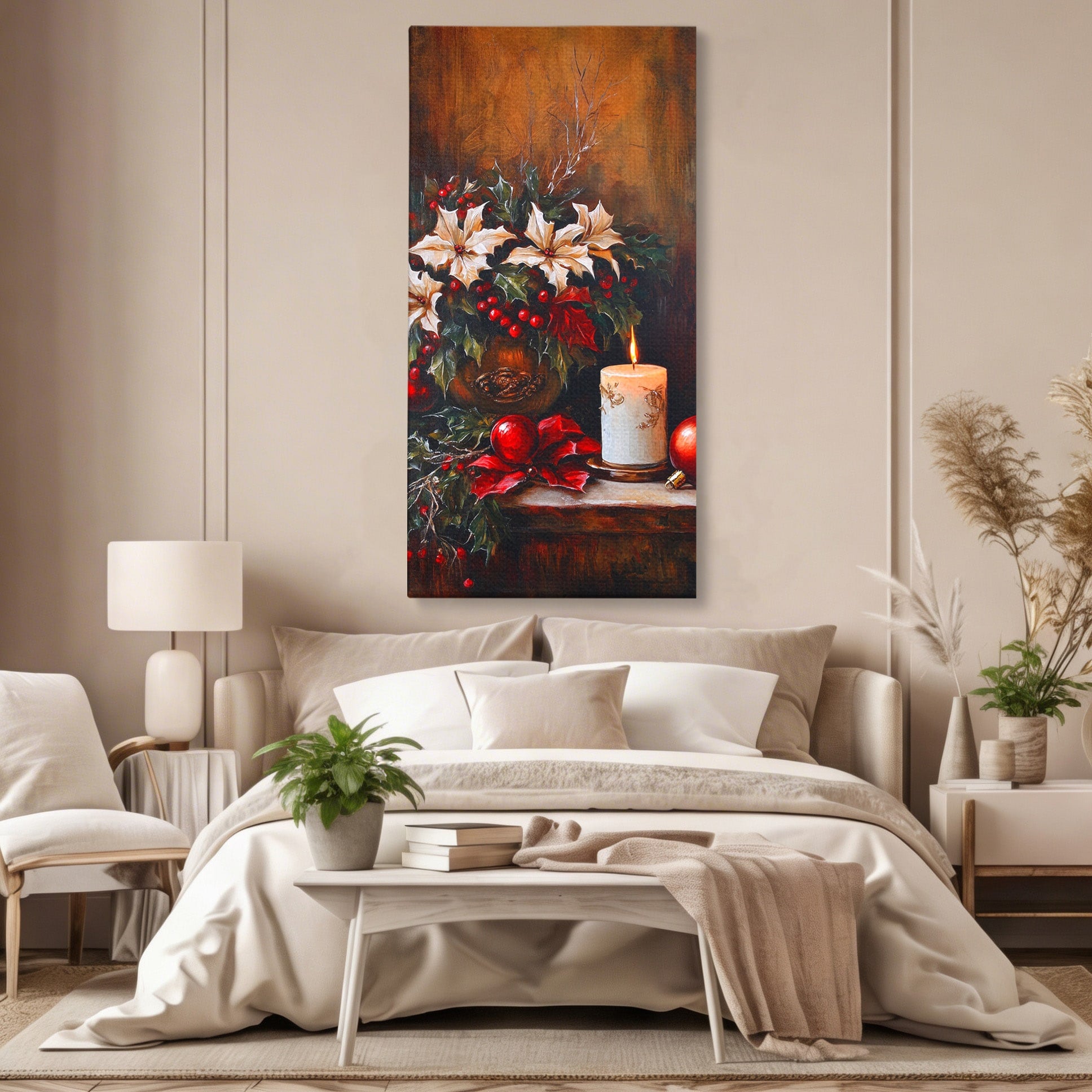 Tablou Canvas Premium LuxCanva® PI1074, Flori De Craciun, Iarna, Craciun, Decor, Lumanare, Living, Culori Vibrante