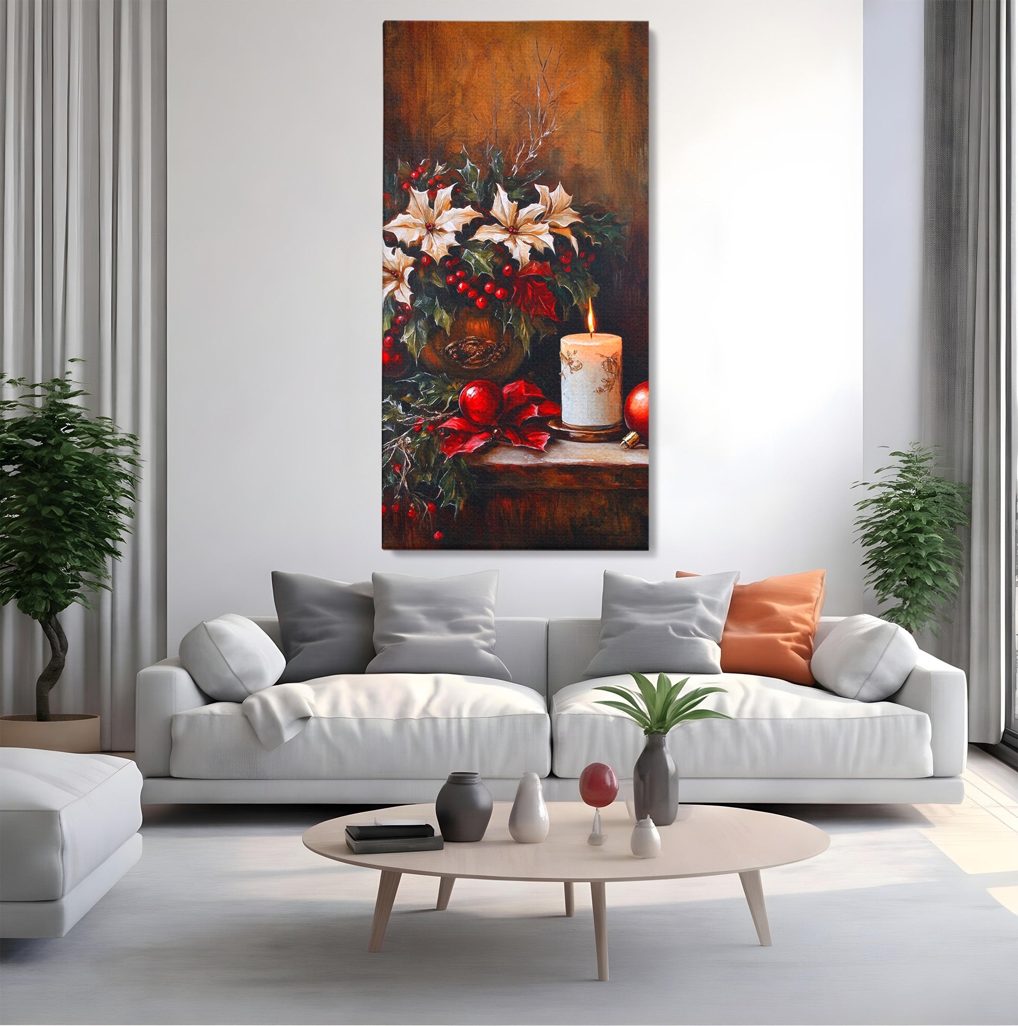 Tablou Canvas Premium LuxCanva® PI1074, Flori De Craciun, Iarna, Craciun, Decor, Lumanare, Living, Culori Vibrante