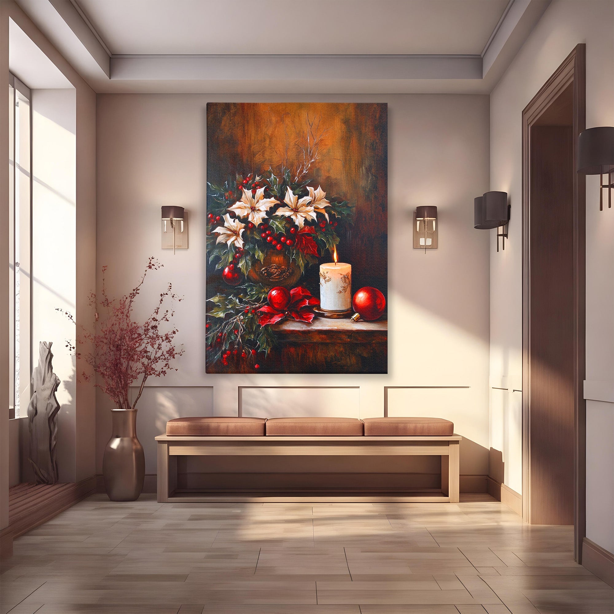 Tablou Canvas Premium LuxCanva® PI1074, Flori De Craciun, Iarna, Craciun, Decor, Lumanare, Living, Culori Vibrante
