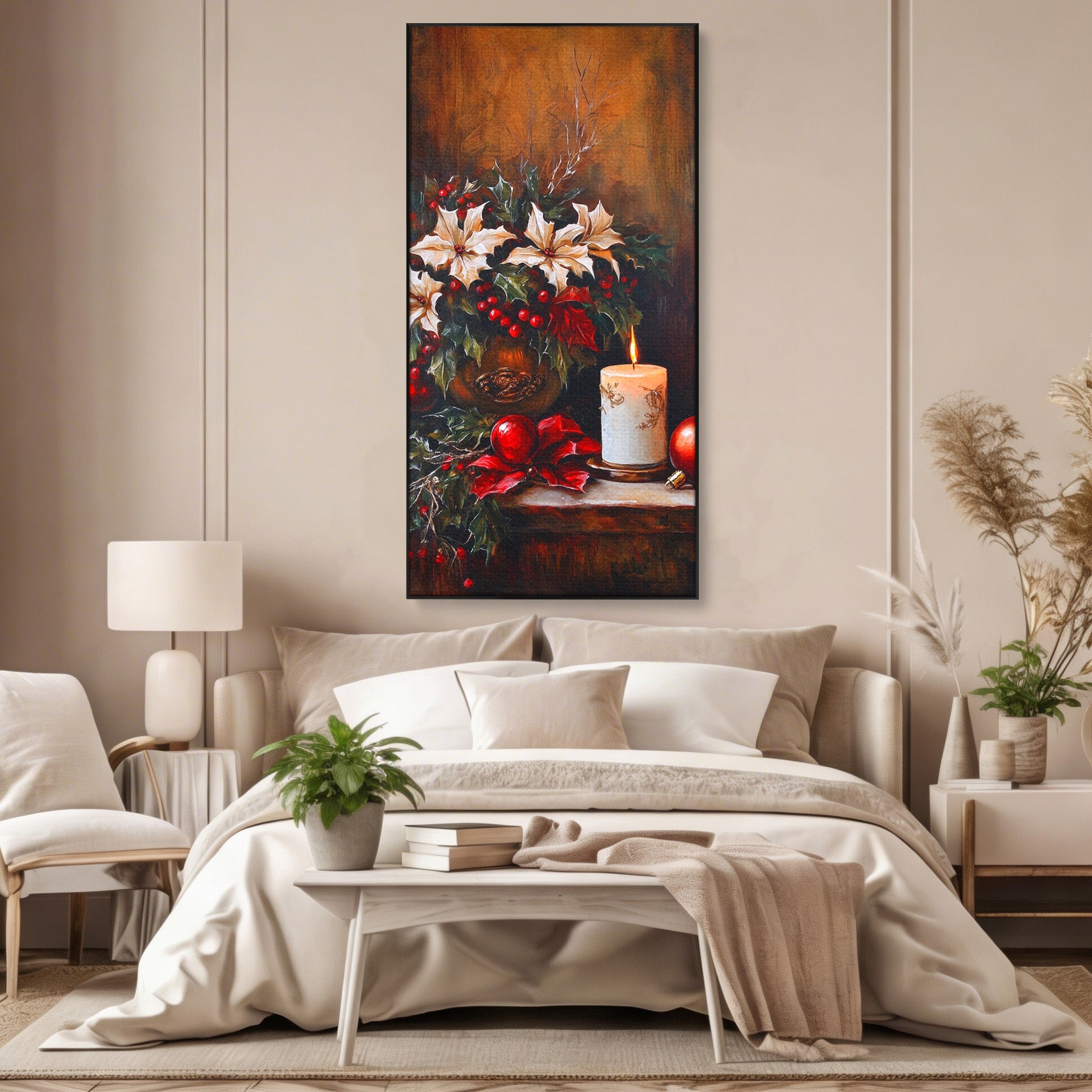 Tablou Canvas Premium LuxCanva® PI1074, Flori De Craciun, Iarna, Craciun, Decor, Lumanare, Living, Culori Vibrante
